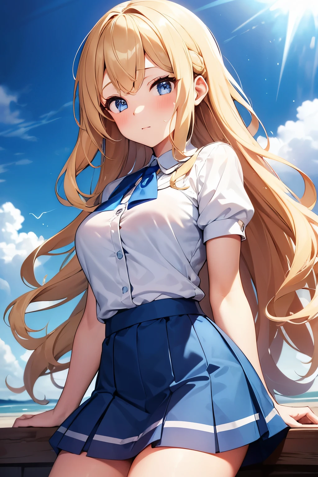 young woman, average height, blonde wavy hair, shoulder-length hair, two curls on the top of the head, Blue eyes, blush on cheeks, bright skin, a slim body, blue skirt, a white blouse, wields lightning