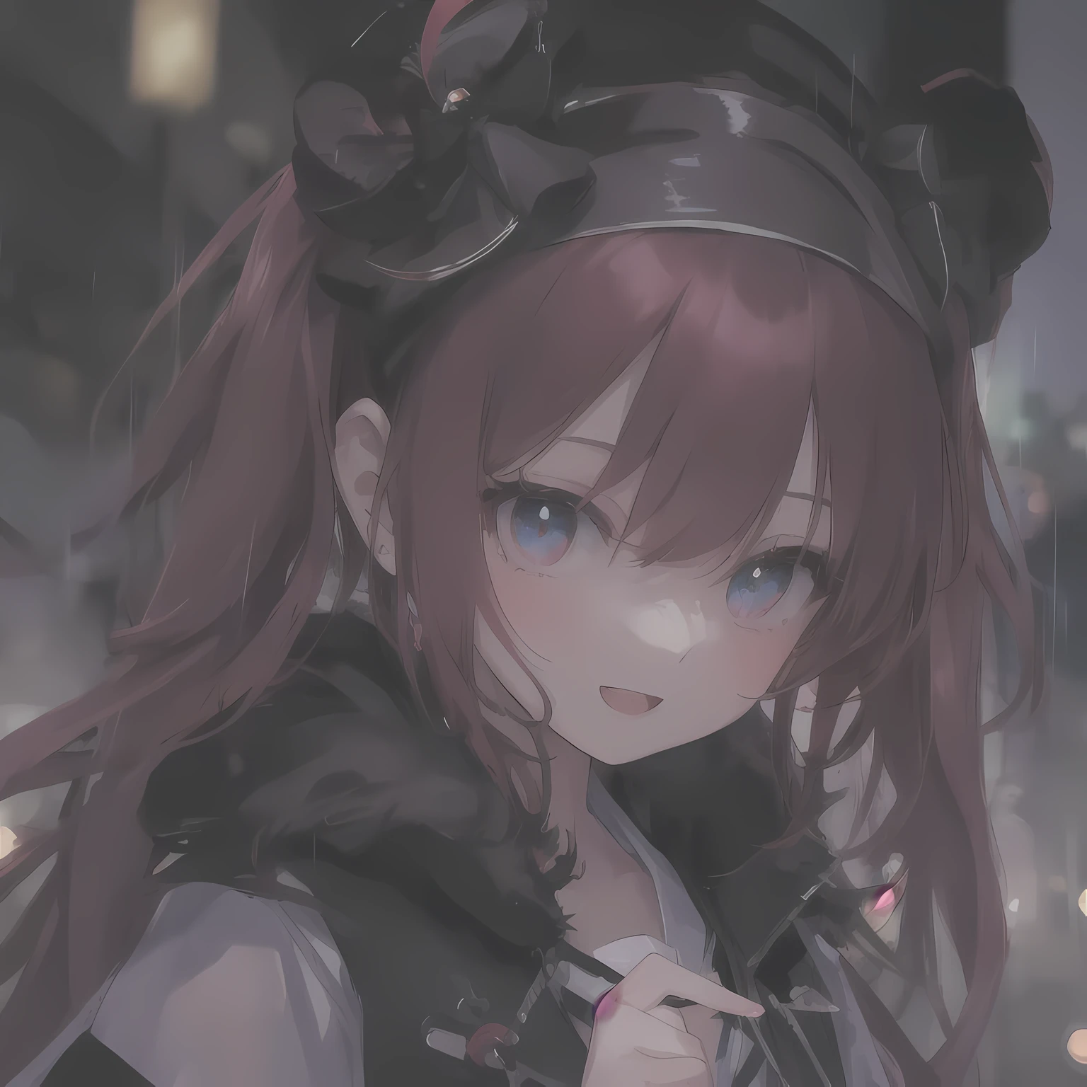 (masterpiece:1.21), (highest quality:1.331), ((Super detailed)), ((very best illustration)), ((wonderful)), (hyper quality), Gorgeous and rich graphics,
(very delicate and beautiful:1.21), 8K, wallpaper, (very beautiful lighting), hard light, delicate composition, (perfect composition), (very beautiful and detailed background:1.21), Rembrandt's representation of light and shadow, dark tone, (low key, High dispersion color scale), ((written boundary depth)), deep shadow,
dynamic angle, From the side, Upper body, radial blur,
rain, (city lights, blurred background),
(1 girl),(緻密で美しいeye), 澄んだ青いeye, ,
Malaise,
transparent raincoat, 濡れた服と濡れた肌と滴る濡れたhair, red_hair, length_hair, twin tails, 前hair, red面, sharp_ear, hair_between_eye, Open_mouth, purple_eye,ribbon, hair_ribbon, :d, coat, red_scarf, ^_^, teeth,
Lens flare, string lights, street,, masterpiece, highest quality,Junko,stream
