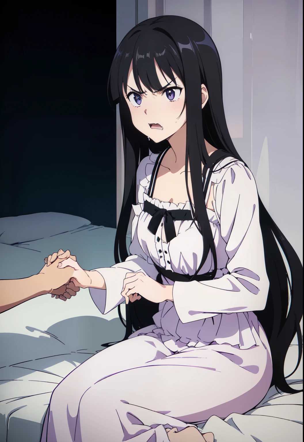 ((anime)) ,(((young woman))), (pale violet eyes), (masterpiece:1.2), Best quality, A high resolution, unity 8k wallpaper, (illustration:1.2), (very detailed face), (perfect hands), (Ideal Anatomy), ((Dark : 1.3)), ((night lighting)), (((White nightie))), (((black hair))), ((long bangs:1.2)), (long hair), (thick bangs), ((sitting in bed)), (((angry face))), (((Rage on the face))), ((attacks a person)), (((holding a guy's hand: 1.2))), ((((Holds with both hands)))),(((guy behind the scenes)))