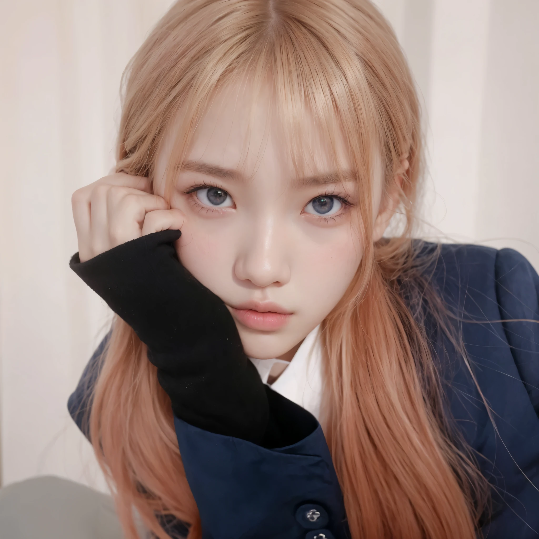 There's a woman with long hair and a blue jacket, lalisa manobal, Ulzzang, Lalisa Manoban do Blackpink, adorable and pale korean face, Sakimichan, Retrato de Jossi do Blackpink, Jinyoung Shin, parque roseanne de blackpink, retrato realista kawaii, com cara fofa - linda, coreana, female korean idol portrait