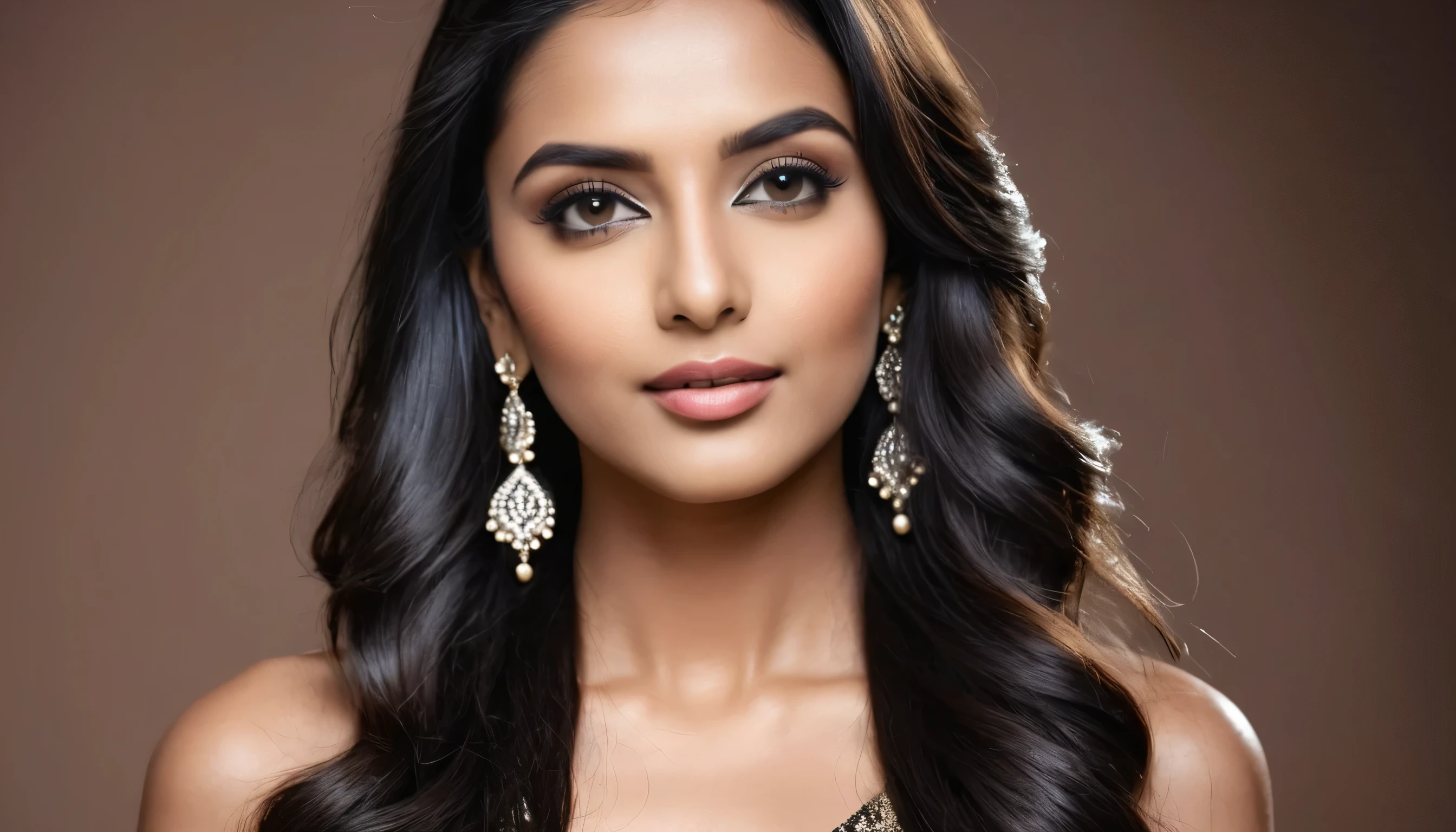 photo, 4k portrait 1girl, glitter, high_resolution, detailed, portrait, shiny skin, black colour hair, decently clad modern IT GIRL WITH PROFESSIONAL INDIAN LOOK, Both the photos should be like news presenters , simple ear rings