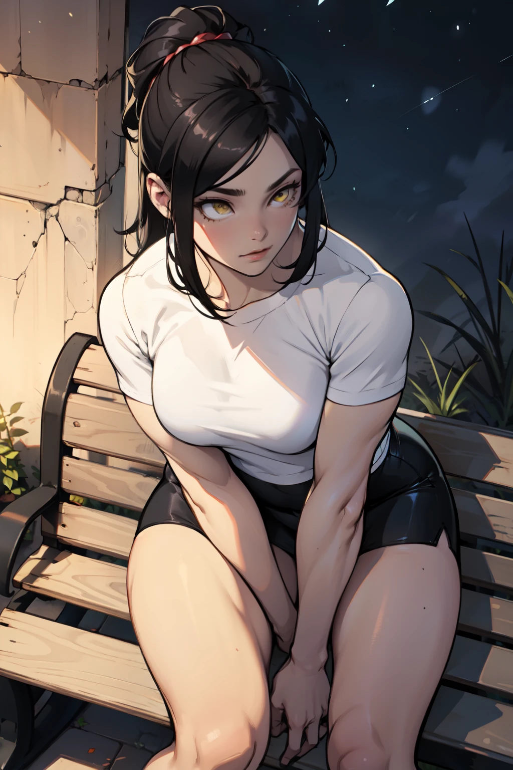 a muscular woman with sitting on a park bench at night by herself black hair yellow eyes pale skin from above