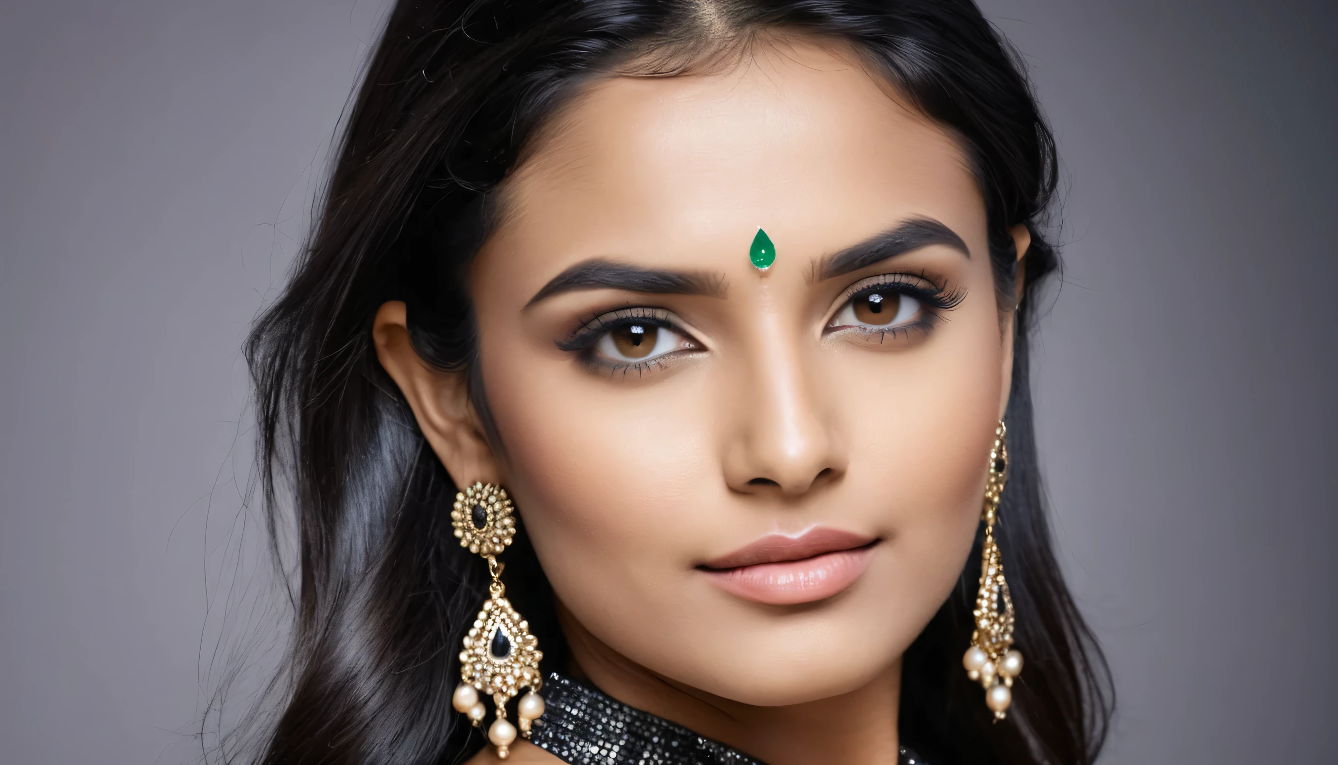 photo, 4k portrait 1girl, glitter, high_resolution, detailed, portrait, shiny skin, black colour hair, decently clad modern IT GIRL WITH PROFESSIONAL INDIAN LOOK, Both the photos should be like news presenters , simple ear rings