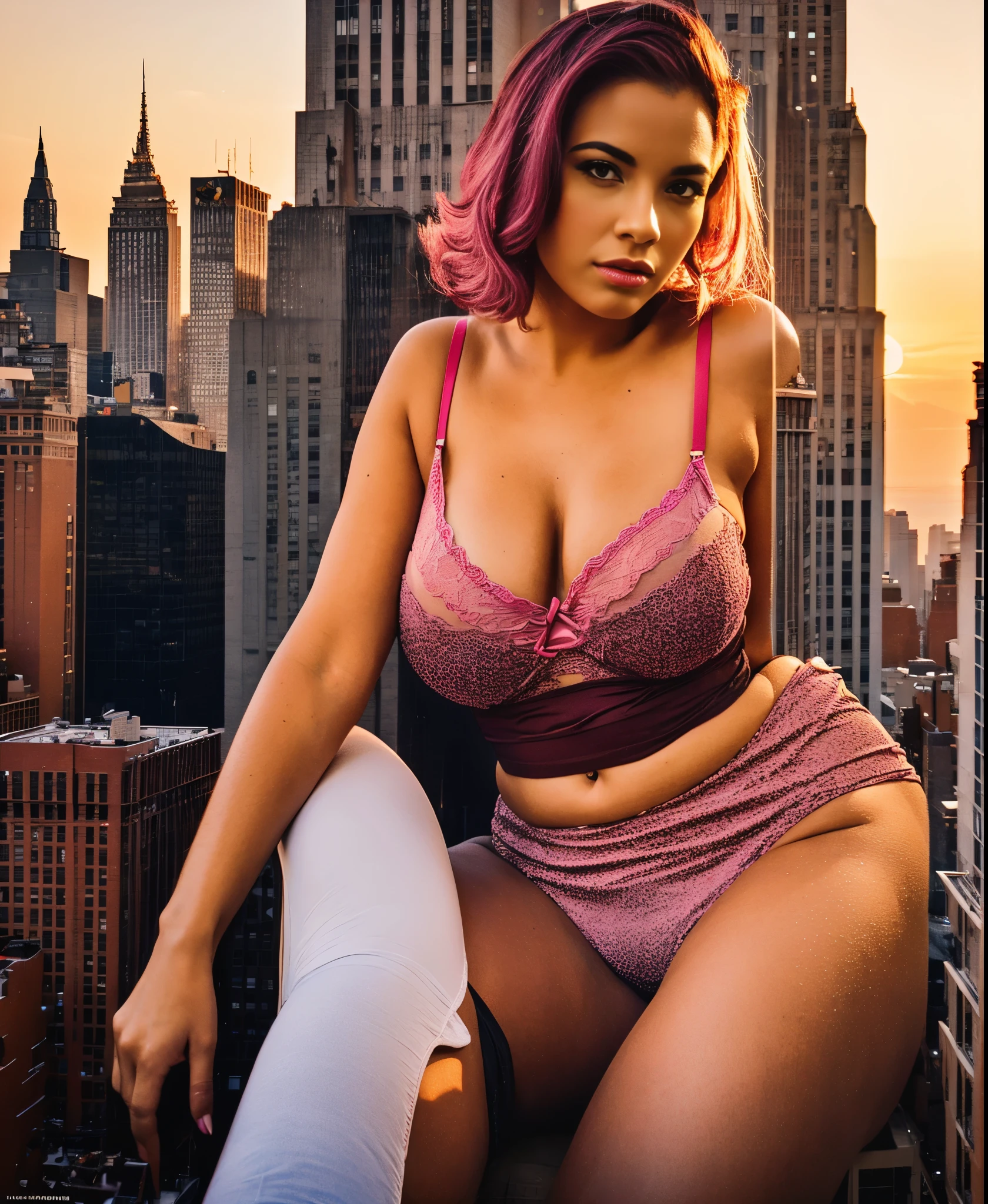 Giant beautiful curvy curly haired burgandy colored hair woman in sexy 2 piece lingerie sitting on top of Empire State Building beautiful pink sunset