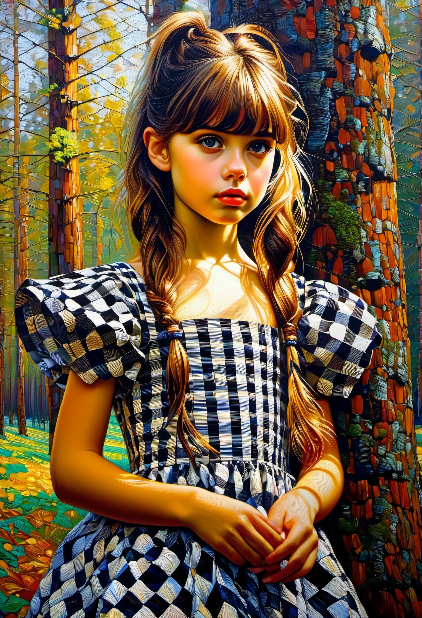 A beautiful daring cute girl in a checkered dress, wery gotic mareup (in the style of  Carlos-Schwabe: 0.5 / Karl-Larsson: 0.5), ((fresh oil palette knife)), Intricate, extreme detail, Complex key, ((Single Shot)), ((Best Quality)), ((Masterpiece)), ((Realistic)), 8K