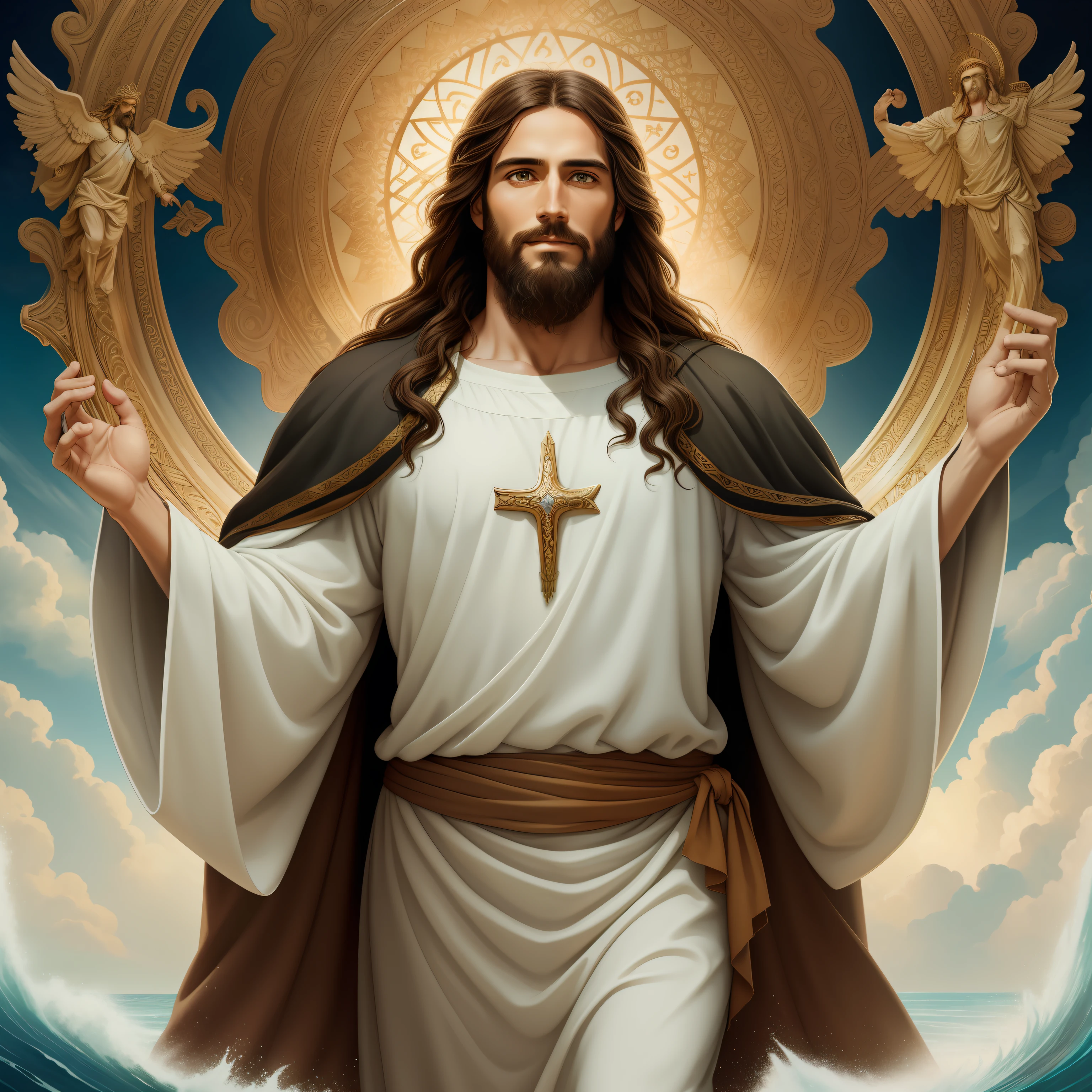 Um belo deus Jesus Cristo ( jesus) blessing to the sky  35 years old com a long brown hair and long beard, heaven blessings light com a cross background)  cara feliz, realista 8k,A beautiful ultra-thin realista portrait of Jesus, o profeta, um homem de 35 anos, hebraico, morena, cabelo castanho curto, olhos realmente perfeitos, longa barba castanha, com, ajudar pessoas , wearing a long linen tunic closed at the chest, em vista frontal, corpo todo, biblical, realista,by Diego Velázquez,Pedro Paulo Rubens,Rembrandt,Alex Ross,8k, arte conceitual, Photorealista, realista,  illustration, oil painting, Surrealismo, Hyperrealista, ajudar pessoas , arte digital, estilo, watercolorReal Jesus flying on sky com a flying cloud in the background, Jesus walking on water, biblical illustration, epic biblical representation, forcing him to flee, saindo do oceano, ! holding in hand!, desembarcando, deus do oceano, beautiful representation, Modelo 8k 3D, realista,
a 3D realista of jesus com a halo in the sky, Jesus Cristo, smiling in the sky, portrait of Jesus Cristo, rosto de jesus, 35 jovem deus todo-poderoso, Retrato de um Deus Celestial, Greg Olsen, gigachad jesus, Jesus of Nazareth, jesus, A face de Deus, Deus olhando para mim, he is greeting you warmly, is he happy, imagem de avatar