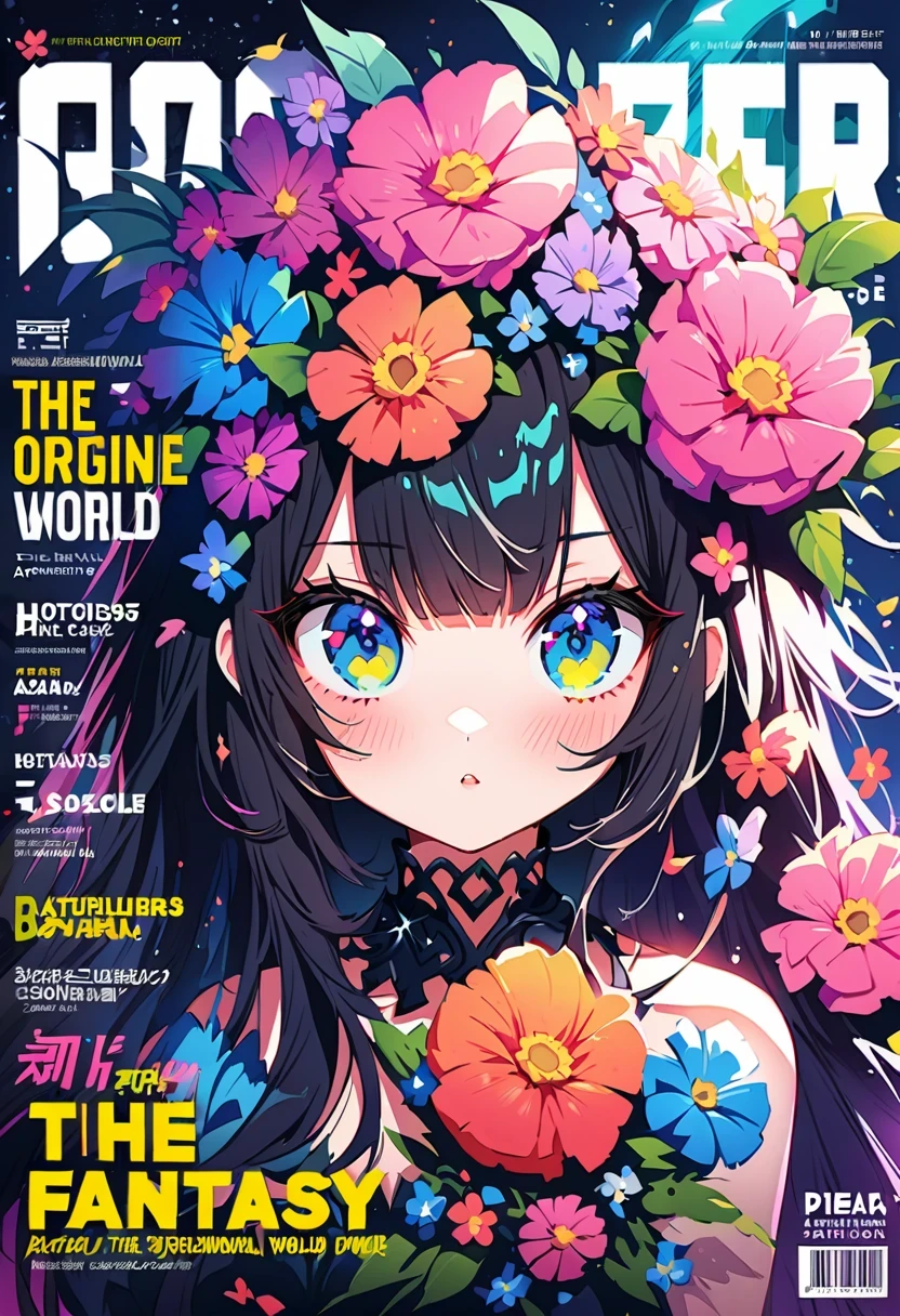 (magazine cover:1.3),ulzzang-6500, (actual: 1.3) (original: 1.2), Beautiful fantasy world with flowers, Dream, surreal, Artstation Hot Topics,Stylish font design, structured, The title is eye-catching