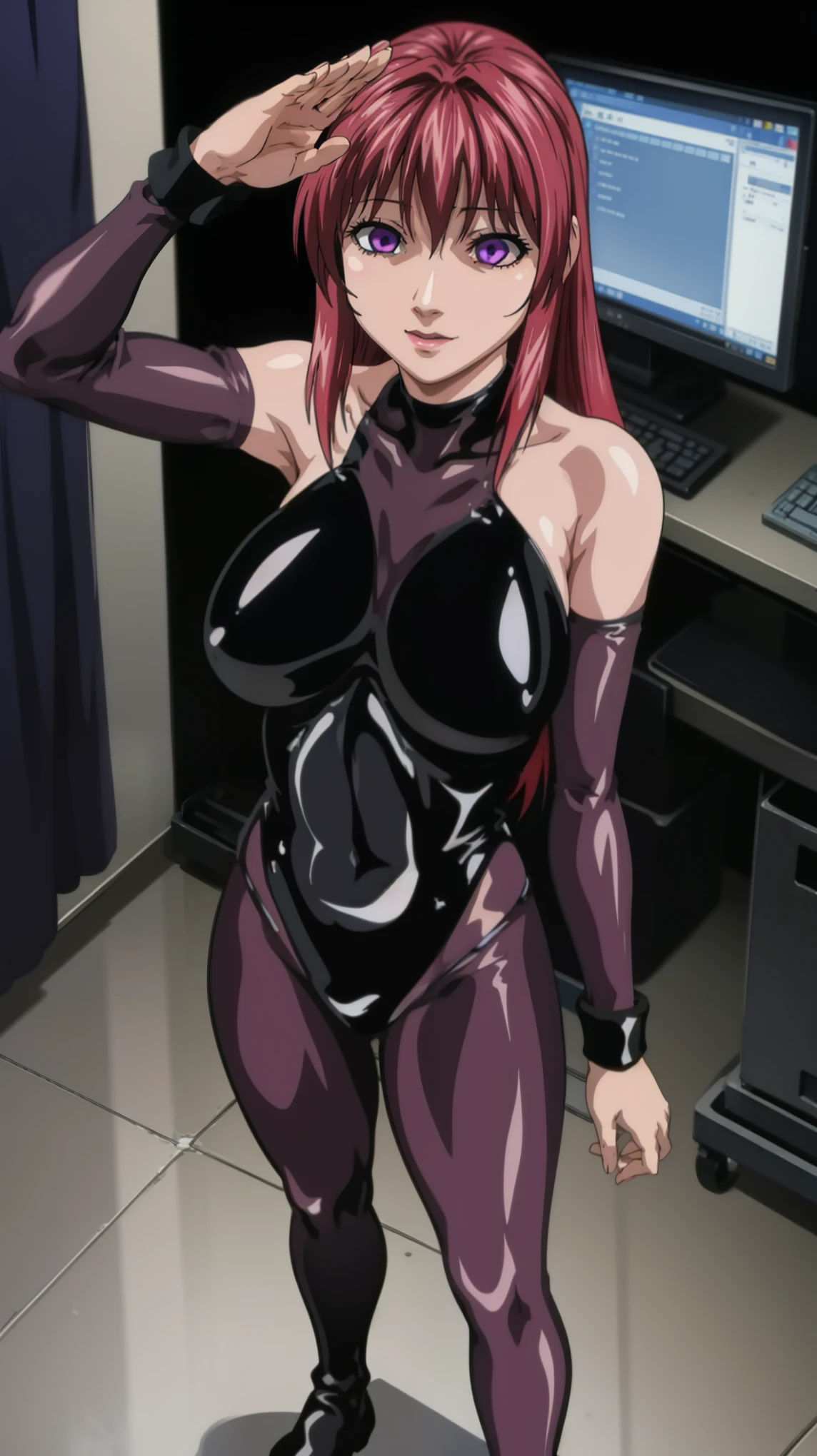 1 girl,NSFW,TakashiroHiroko (black bible),redhead, clavicle, absurd, brainwashing,Combatant, empty eyes,((purple glowing eyes 1.5)),  huge breasts , fearless smile,(black latex tight bodysuit),avert your eyes , whole body shape, ((stand up, salute)),(highest quality、4k、8K、High resolution、must have:1.2)、Super detailed、(reality、reality的なです、reality的な:1.37)、ticker、hyper hd、studio lighting、ultra definition paint、sharp focus、Physically based rendering、extreme details、Professional specifications、vibrancy and color、blurry、sports portrait、landscape、horror style、anime big breasts、SF、photograph、concept artist、five fingers, perfect body,  {{{masterpiece}}}, {{{highest quality}}}, {{Super detailed}}, {shape}, {{very delicate and beautiful}},Improved cost performance、all roles、Canon 5D MK4でphotograph、photograph, 