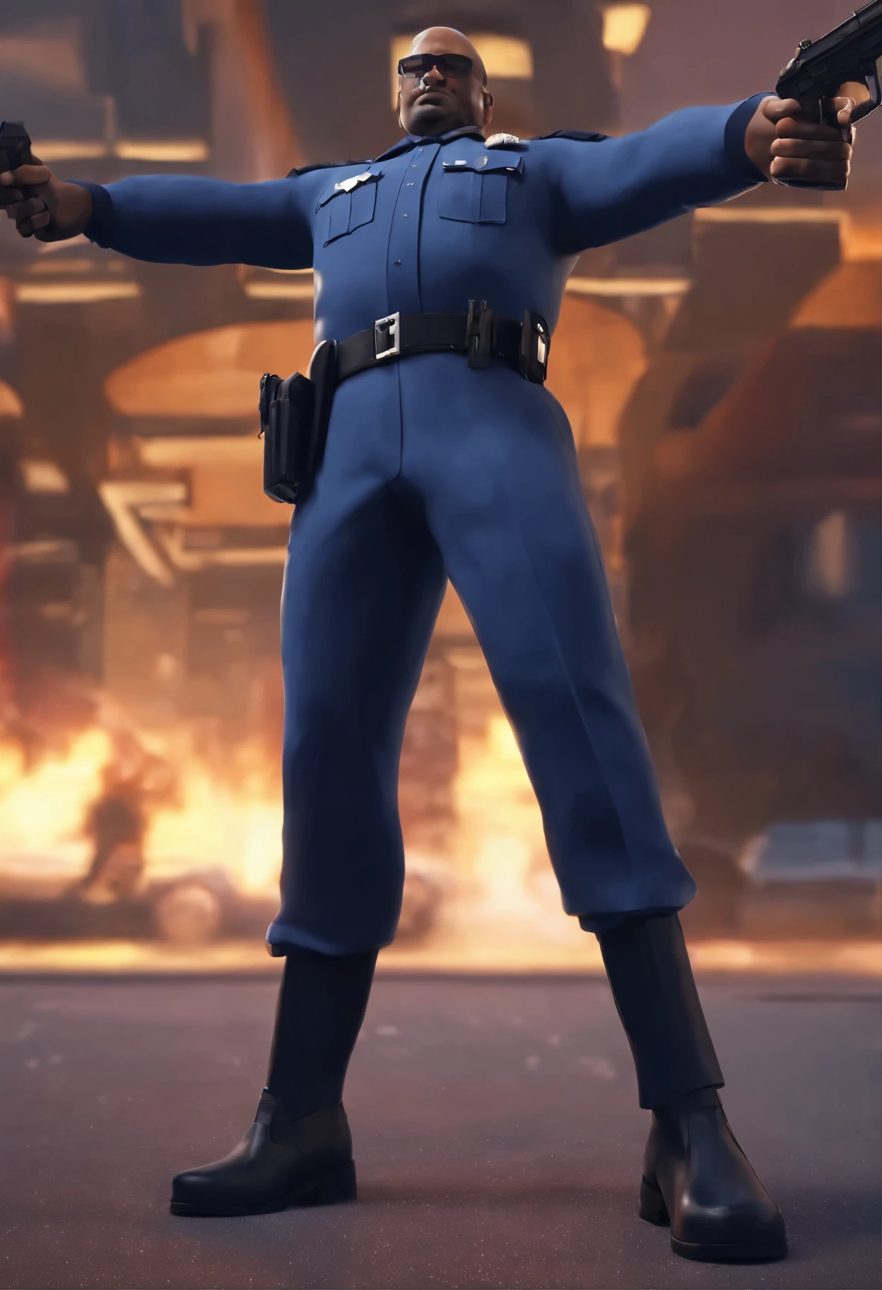 Bloated police, dark blue uniform, bold head