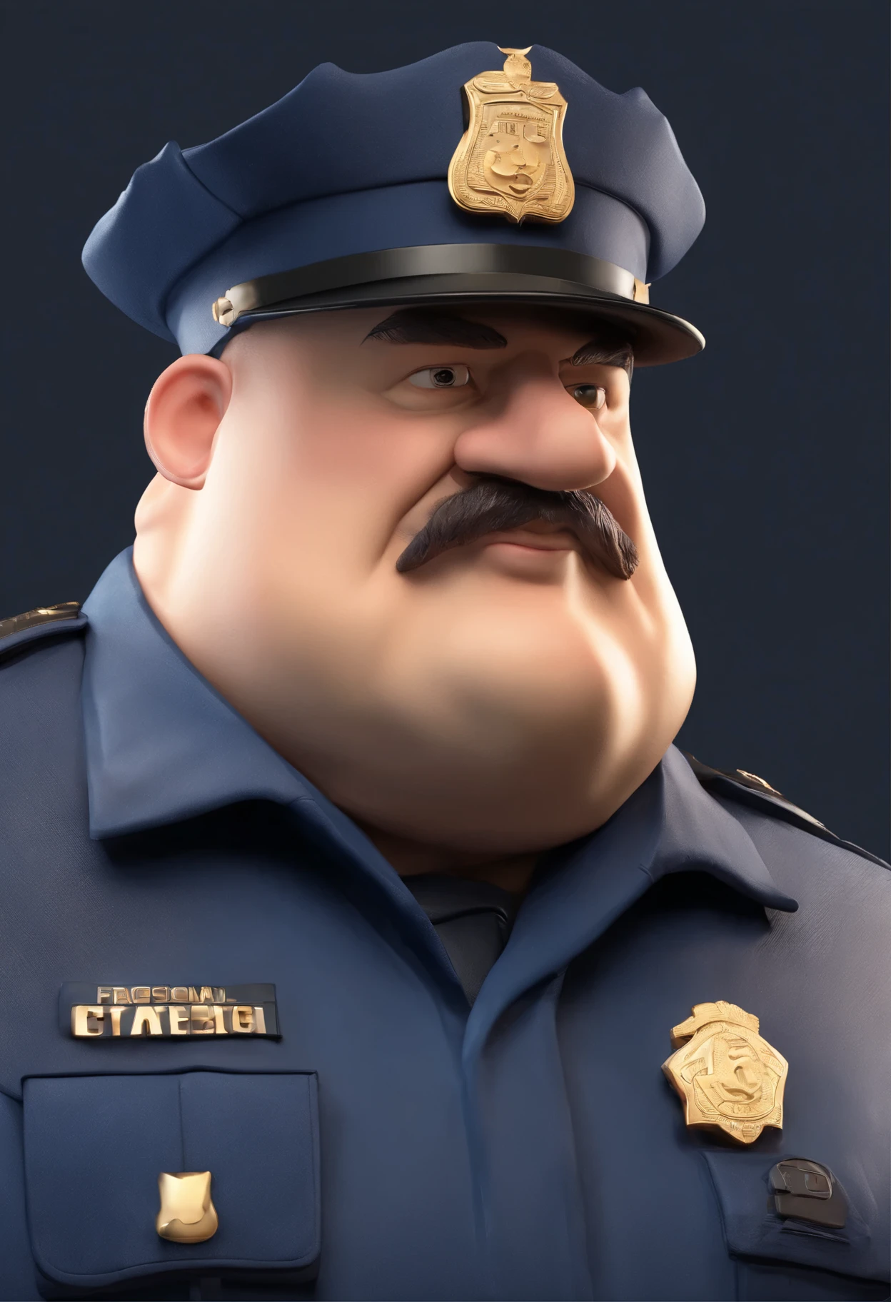 fat cop, dark blue uniform, bold head