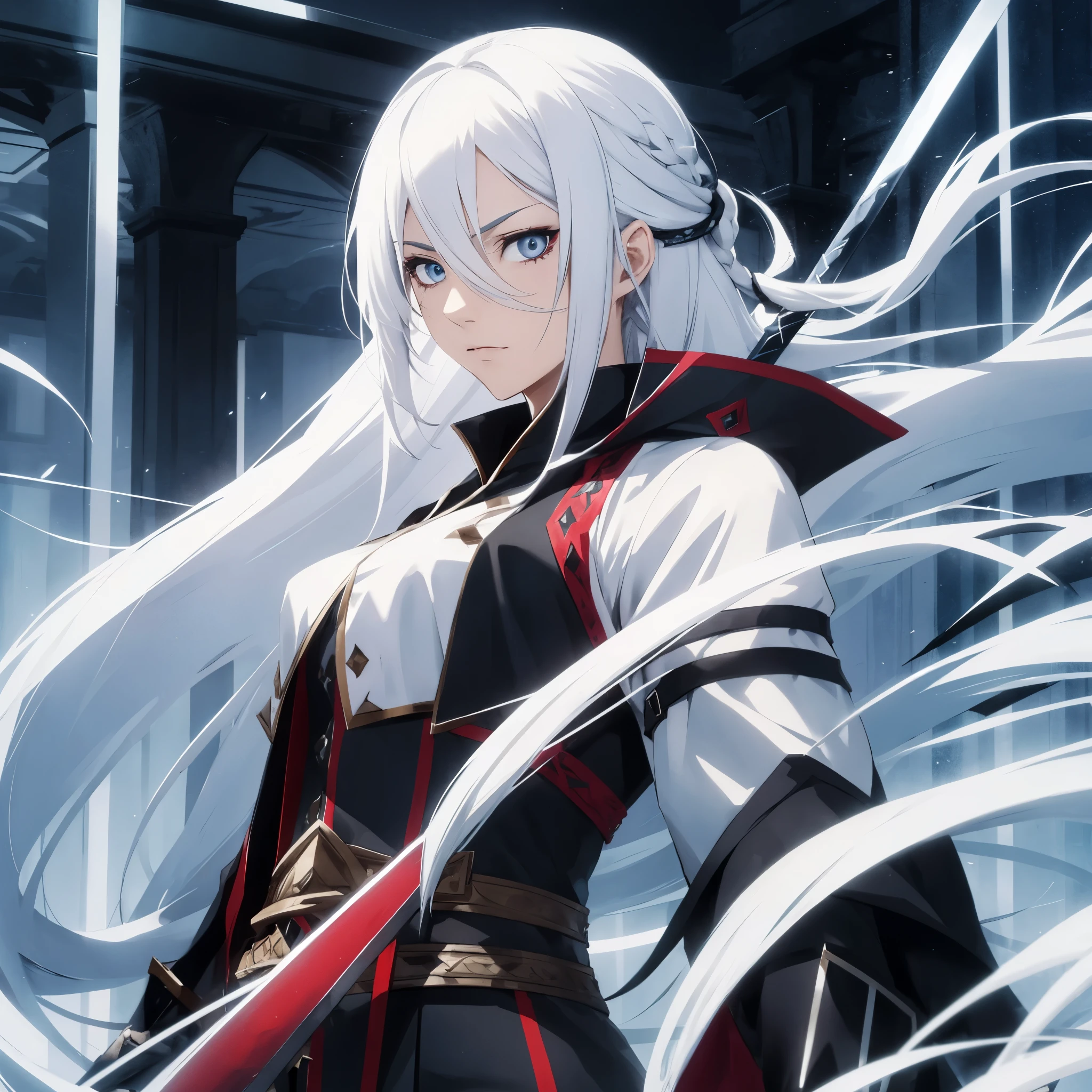 female assasin with long white hair, 1 blue eye and 1 black eye, used 2 swords, see the whole body, well - dressed, used skill, hd