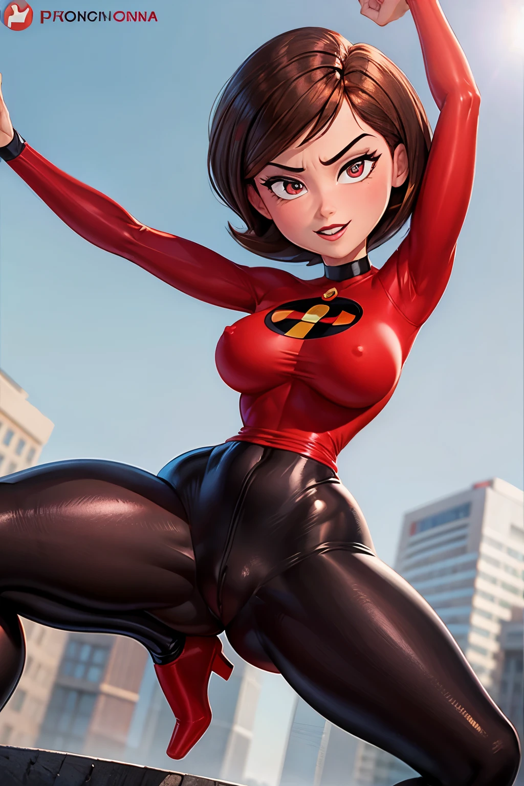 Helen Parr, Mrs. Incredible, Elastigirl. Nude, yoga stretching, detailed nipples, detailed vagina,