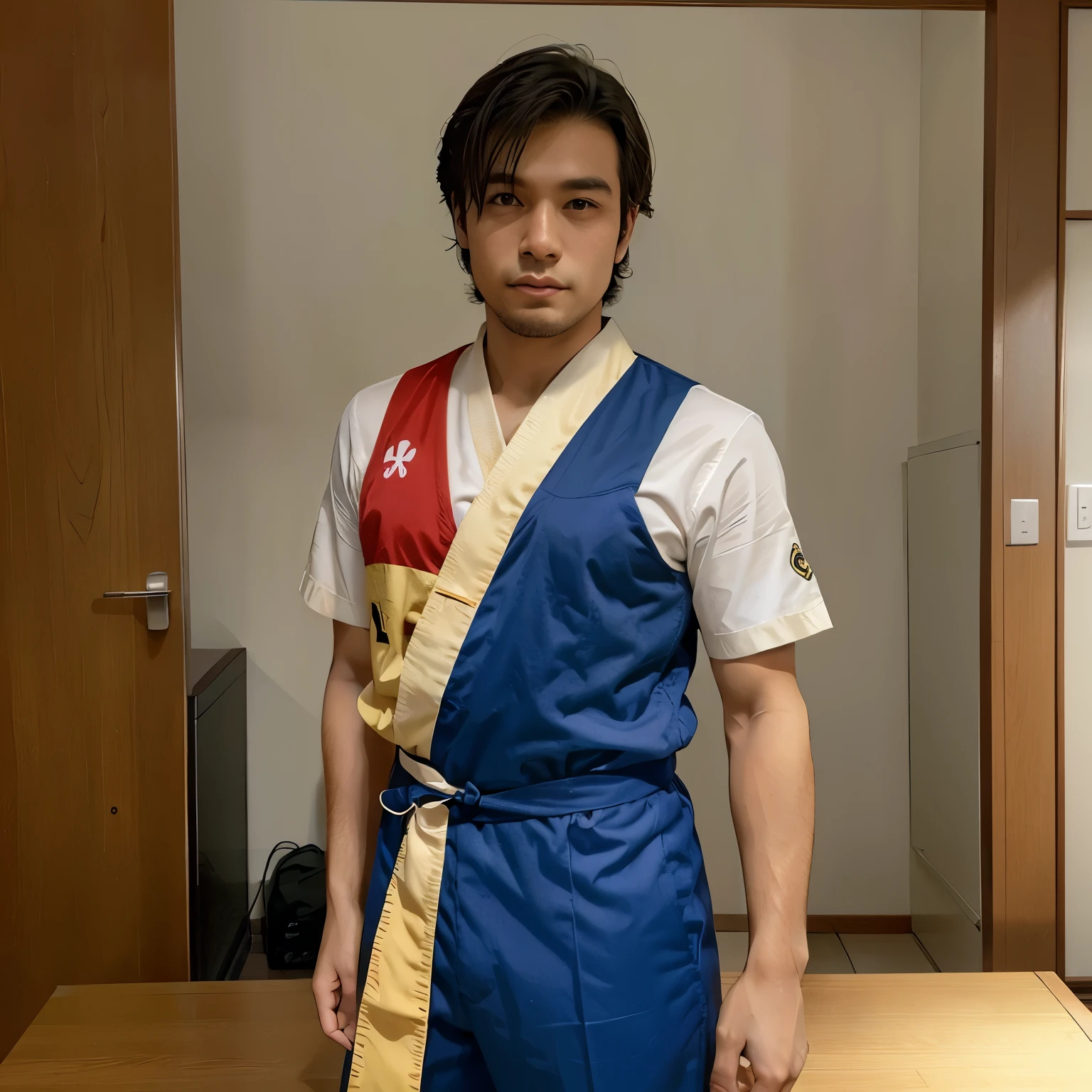Um homem alto pardo tem a nacionalidade japonesa e brasileiro com roupa social