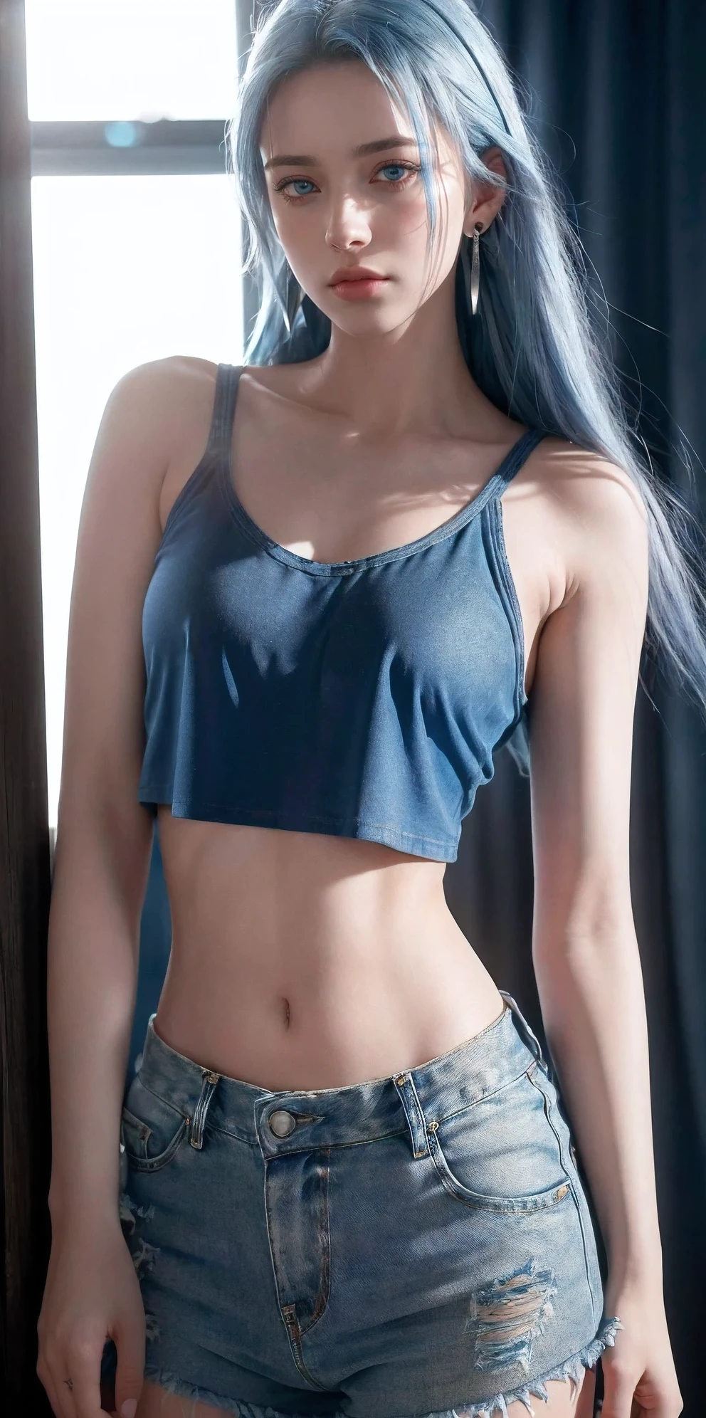 1 girl,独自of,shorts,blue hair,curtain,blue eyes,diaphragm,jewelry,earrings,crop top,long hair,实际of,window,denim,生of,16K,ultra high resolution,movie shot,twilight lighting,Volumetric lighting,戏剧性of灯光,(锐利of焦点,photo实际of,realism,depth_of_site:1.5),