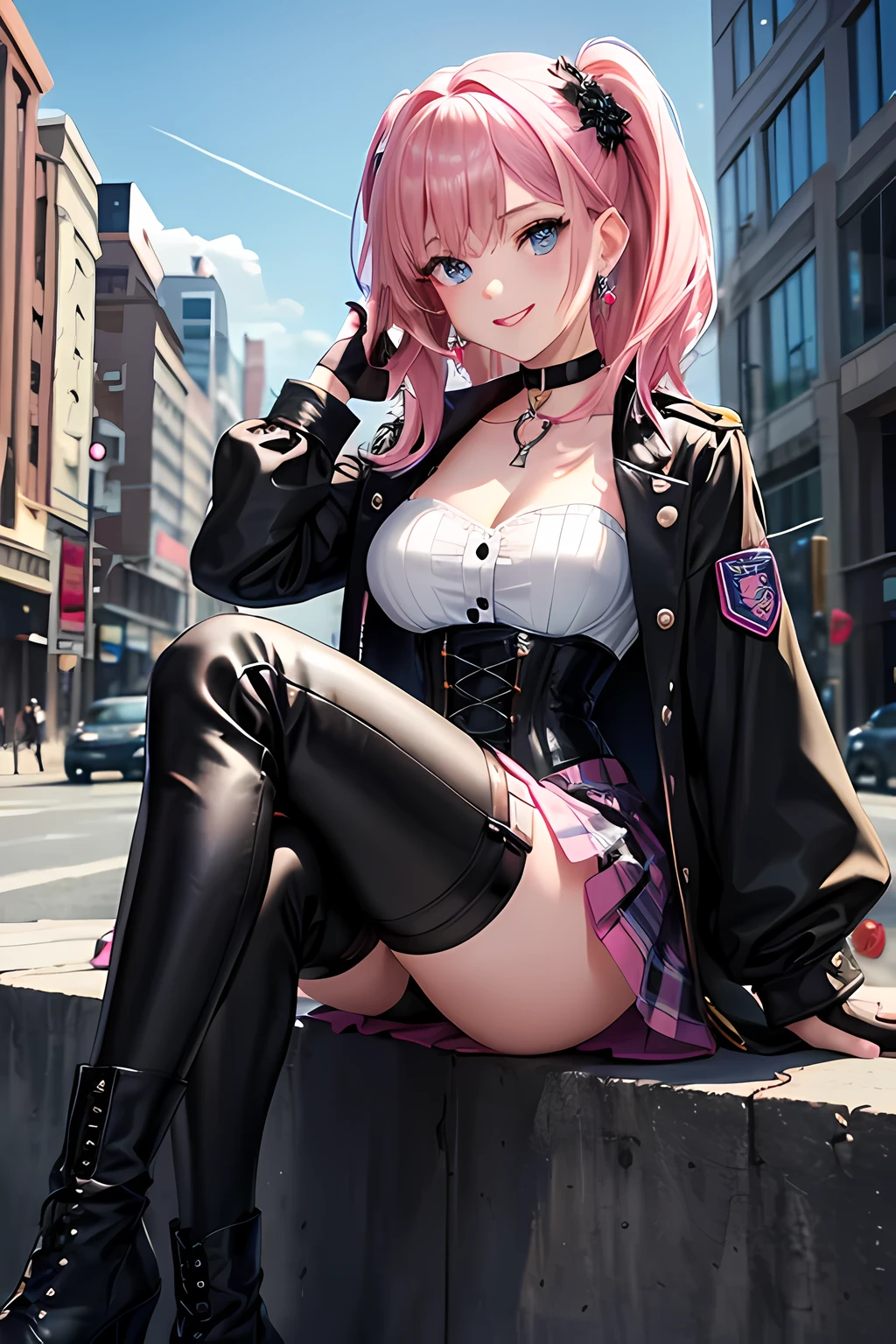 (masterpiece), best quality, expressive eyes, perfect face, 1 girl, solo, march seventh, blue eyes, hair between eyes, medium hair, pink eyes, pink hair, two-tone eyes, ankle boots, archery shooting glove, badge, bare legs, black choker, black corset, black footwear, black gloves, blue jacket, blue skirt, boots, button badge, buttons, choker, collarbone, corset, earrings, flower ornament, gloves, high heel boots, high heels, jacket, jewelry, long sleeves, miniskirt, partially fingerless gloves, pleated skirt, shirt, single earring, single glove, skirt, thigh strap, tied jacket, underbust, white shirt, smiling, city, background, futuristic city, sitting on the ground, knees up, upper body, portrait, looking at the viewer