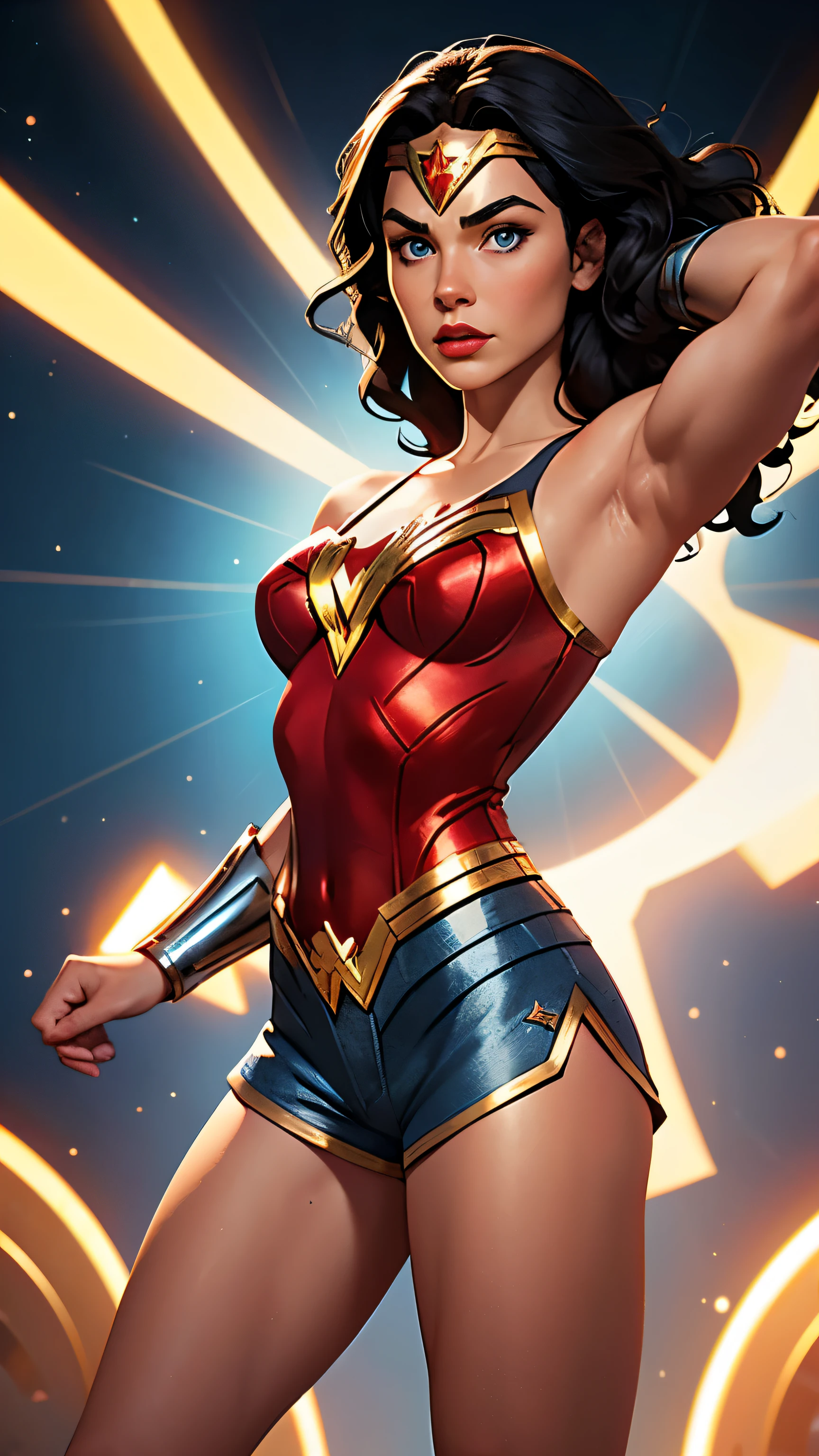 Woman, white skin, black hair, wavy hair, long hair, athletic body, reflective blue shorts, blue eyes, shorts with Wonder Woman style stars, short shorts, metallic red top, low-cut, Wonder Woman bib, silver bracelets, golden tiata red star, serious look, look at the camera, red lips, red boots, heroic pose front shot.