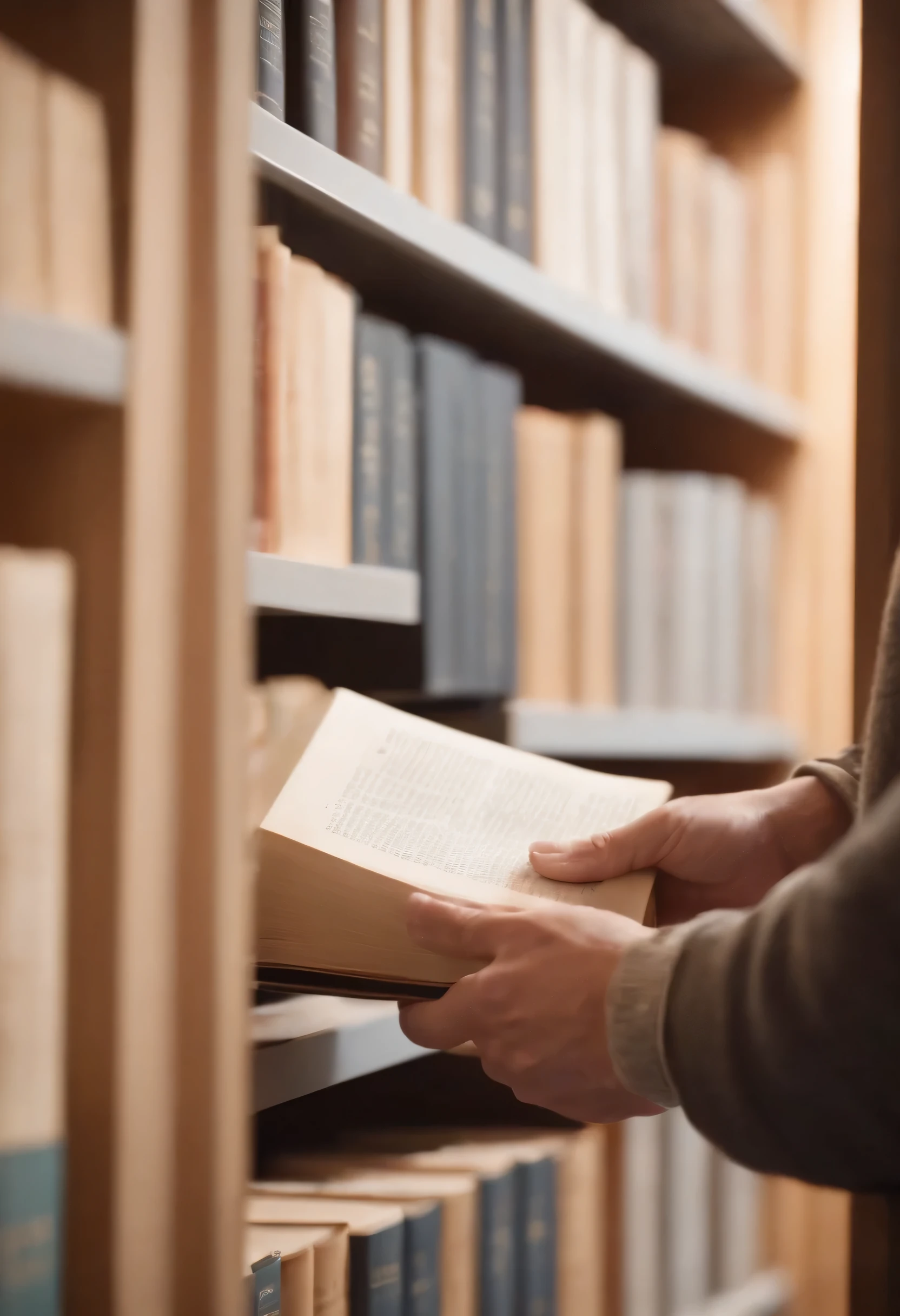 Hand choosing the book from book shelves, side view, light color, side, realistic