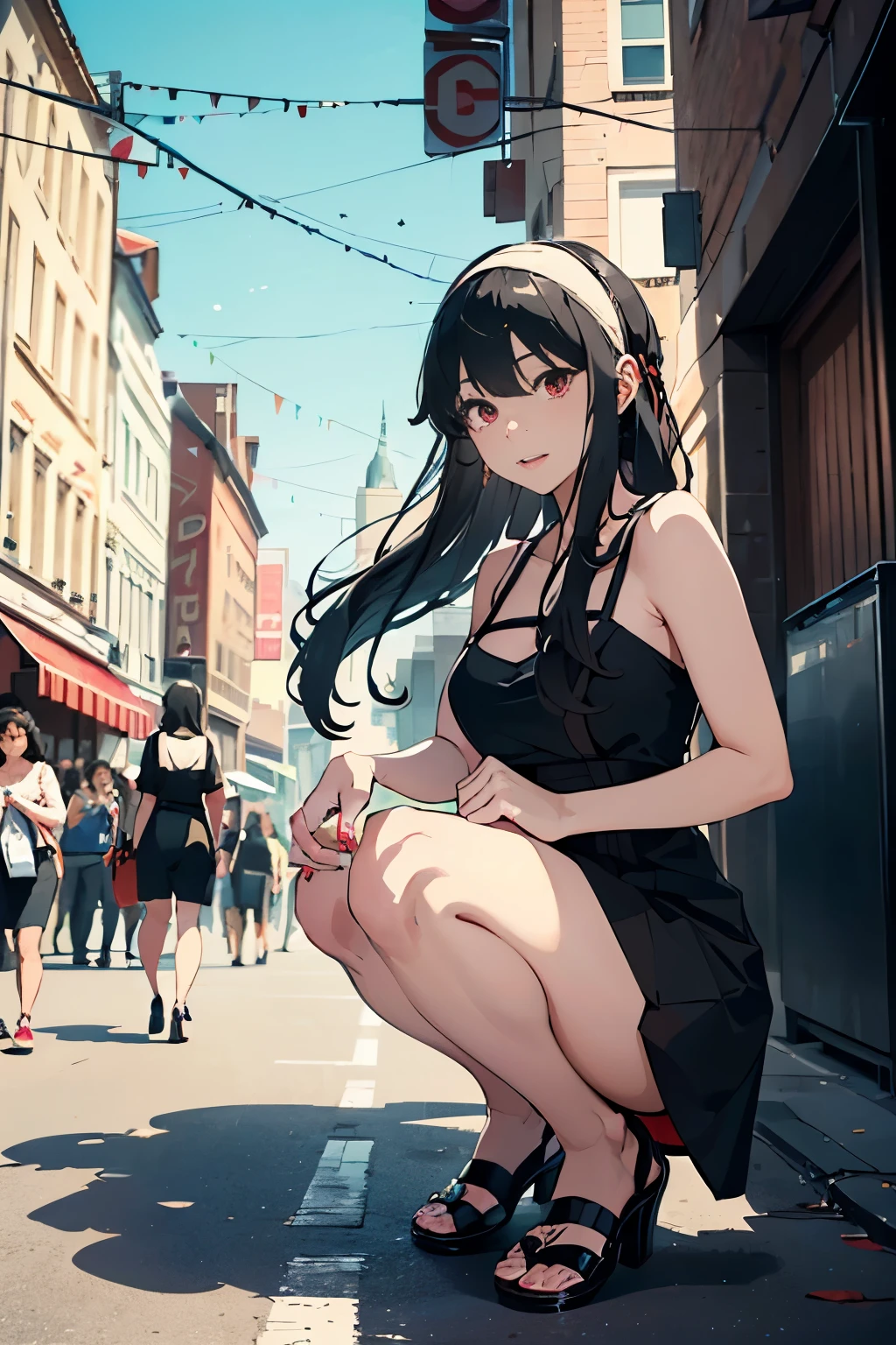 masterpiece、highest quality、High resolution、1 girl、(alone)、red eyes、beautiful long hair、tie hair neatly、slender、thin legs、(In town、bustling street、city、outdoor、A large audience is watching in the background)、Detailed facial depiction、shy smile、(aayorf、hair band、jet black hair)、((black dress、white panties、Panty shot))、((Lots of spectators in the background、crowd on background、the crowd is looking at you))、crouching and attacking、looking at her from below、Raising one knee and kicking