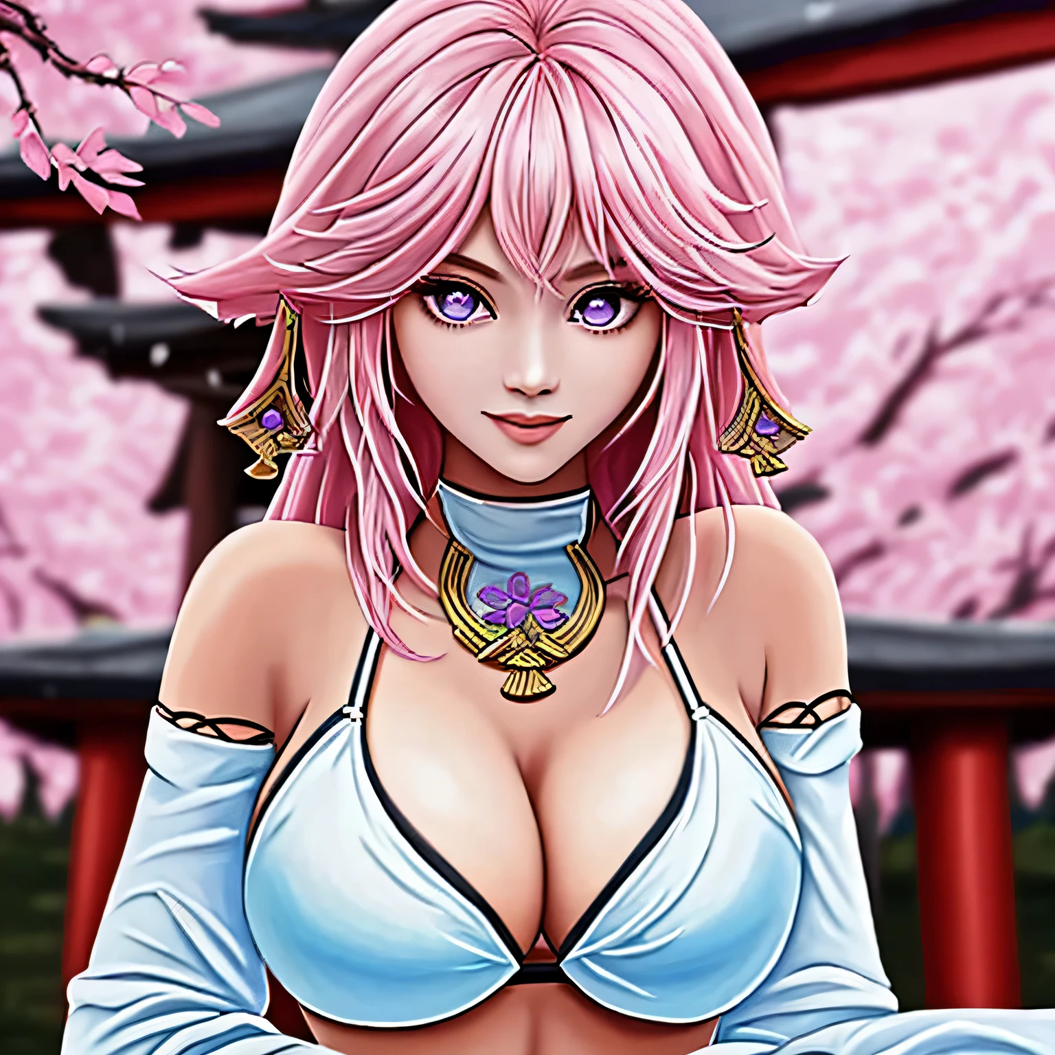 1girl, (ulzzang-6500:0.7), kpop idol, yae miko, bikini, detached sleeves, bare shoulders, pink hair, long hair, bikini, best quality, (painting:1.5), (hair ornament:1.35), jewelry, purple eyes, earrings, breasts, torii, cherry blossoms, lantern light, depth of field, detailed face, face focus, ribbon_trim, (looking at viewer:1.25), nontraditional miko, shiny skin, long sleeves, smile, thick lips, game cg, hands on lips, east asian architecture, (blurry background:1.2), sitting, upper body, bikini