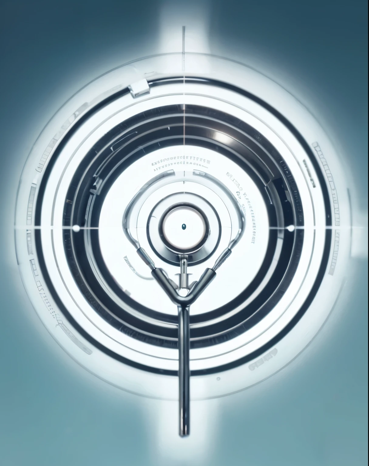 Render a top-down view of a stethoscope focusing solely on the head, with the steel ring underneath slightly wider than the head. Ensure the perspective highlights the curvature of the head and the subtle details of the steel ring beneath, creating a visually engaging composition.