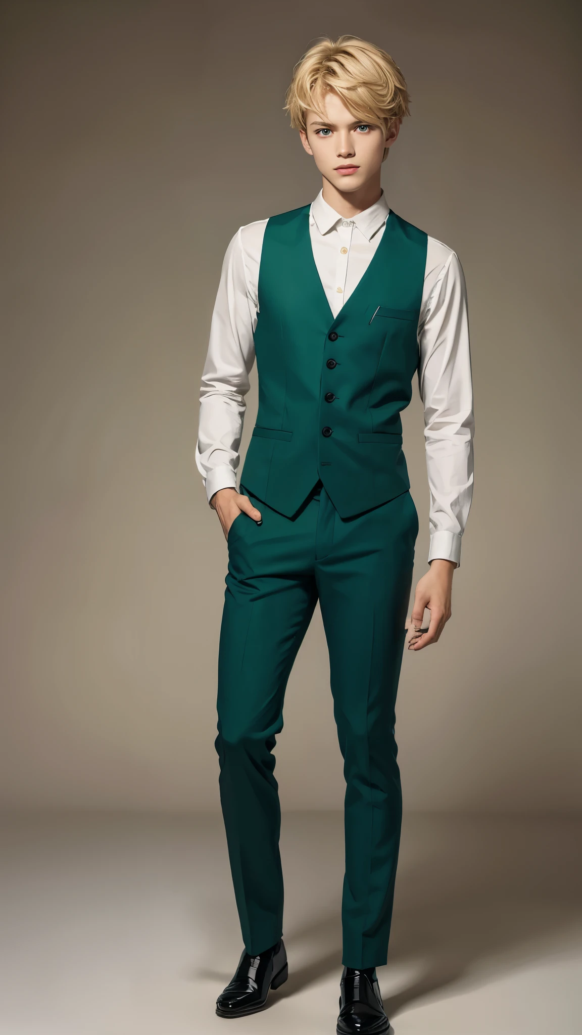 ((masterpiece,best quality,8k,highres)),((character concept art)), 1 male, young male, son of a retired supermodel, , 160 cm height, (short blonde hair), blonde hair, (tan skin colour), ultra finely detailed eyes (green eyes colour), charming, shy, youthful, perfect body build ((slim)), ((intricate detail)), super finely detailed hands, ultra finely detailed fingers(((ten fingers))), wearing school cloth, (standing still), (full body showcase), (show full body), (no logos on background), (no logo), ((plain background)), ((plain background)), (((empty background)))