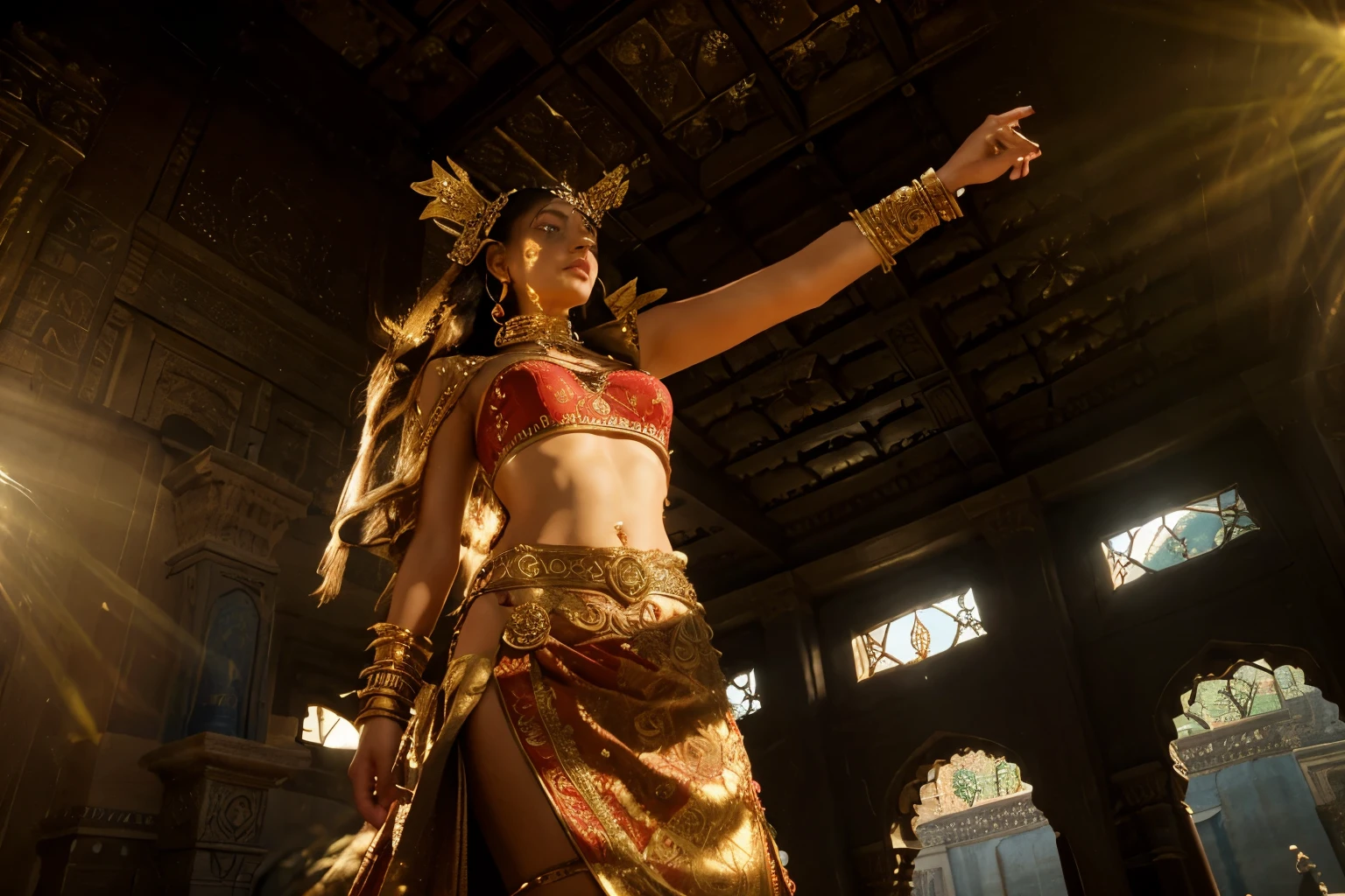(Best quality, 8k, 32k, Masterpiece, UHD:1.2) , "Transform the image into a magnificent Middle Eastern palace adorned with opulent decorations, intricate carvings, and vibrant colors. Draw inspiration from the grandeur and elegance of the Desert Palace of Sumeru from Genshin Impact to create a scene filled with splendor and wonder.
Start by depicting the exterior of the palace, showcasing its majestic architecture and imposing presence. Render the walls and domes of the palace with intricate designs and patterns, reflecting the rich cultural heritage of the region. Incorporate elements of traditional Middle Eastern architecture, such as arched doorways, ornate columns, and intricately tiled facades.
Fill the surroundings with lush vegetation and exotic flora, adding to the oasis-like atmosphere of the palace grounds. Include towering palm trees, blooming gardens, and cascading fountains to create a sense of tranquility and abundance.
Illuminate the scene with warm sunlight streaming through the windows and casting soft shadows on the palace walls. Use dynamic lighting to accentuate the intricate details of the architecture and enhance the overall visual impact of the scene.
Envision the interior of the palace as a sumptuous sanctuary filled with luxurious furnishings, precious artifacts, and exquisite works of art. Render ornate carpets, gilded furnishings, and elaborate tapestries to convey the opulence of the palace's interiors.
Include elements of magical realism to evoke the mystical allure of the Desert Palace of Sumeru. Incorporate subtle hints of ancient mysticism and arcane symbols, hinting at the palace's connection to the elemental forces of the desert.
Finally, infuse the scene with a sense of wonder and majesty, capturing the imagination of the viewer and transporting them to a realm of fantasy and enchantment. Let the beauty and grandeur of the Middle Eastern palace inspire awe and admiration, inviting viewers to explore its rich history and hidde