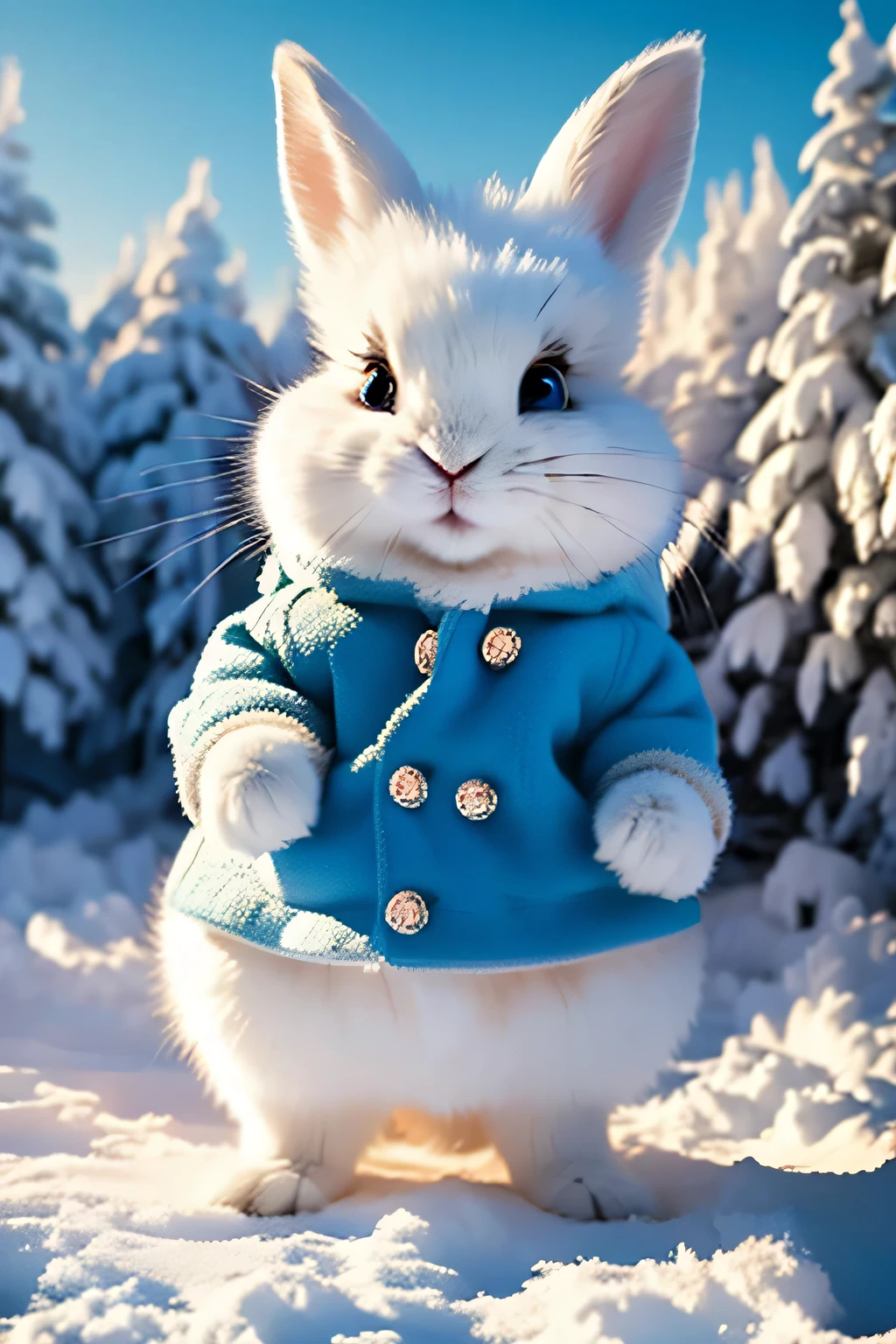 Um coelho branco com olhos azuis, vestindo um terno de neve (Melhor qualidade, cores vivas), cercado por uma paisagem nevada (ultra-detailed and realistic winter scenery) sob soft lighting de estúdio (esquentar, soft lighting). The rabbit&#39;s eyes are detailed and expressive, with long eyelashes. The snow costume is fluffy and blue, providing a strong contrast to the winter scenery. the Rabbit is standing, with arms up in celebration, appearing curious and friendly. The color palette is dominated by shades of blue and white, dando uma atmosfera serena e fria. The overall picture is like a portrait in a snowy winter wonderland, with a touch of joy and Easter.
