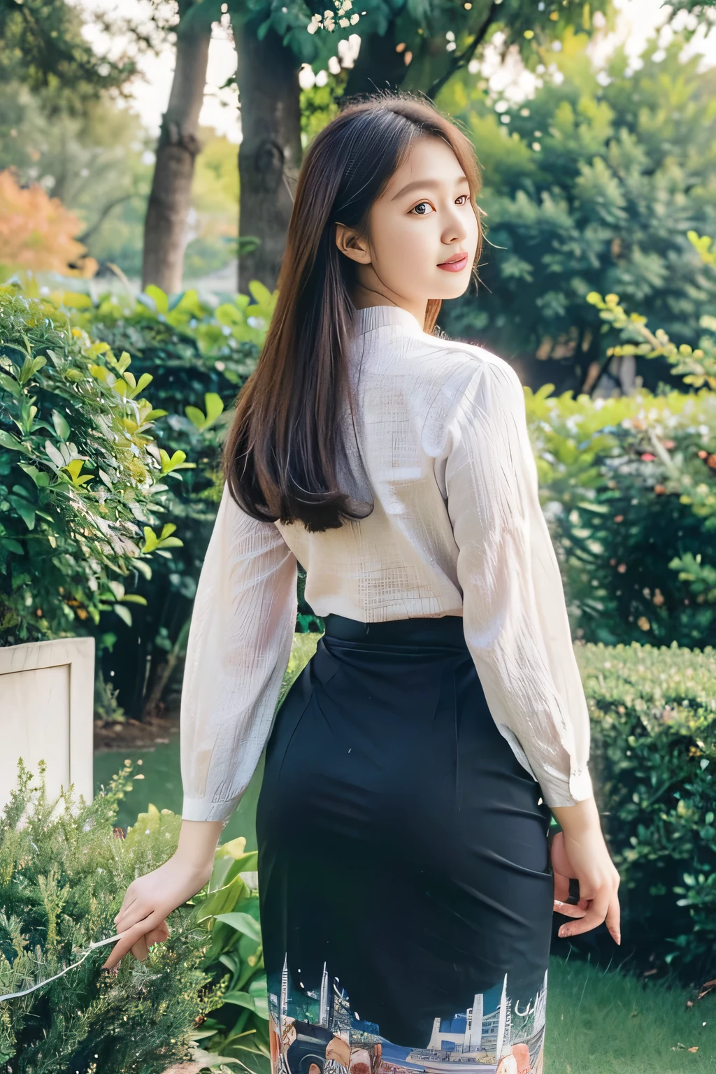 ((Best Quality, 8k, Masterpiece:1.3))), Crisp Focus: 1.2, (Beautiful 20years old cute girl.cute face.with Perfect Figure: 1.4) , Highly Detailed Face and Skin Texture., Detailed cute Eyes, Double Eyelids , Long Hair, acmm ls outfit, wearing acmm top, olive red acmm top, long sleeves, wearing acmm long skirt, olive red acmm long skirt, printed skirt, garden background with green tree.view from behind.ultra HD.