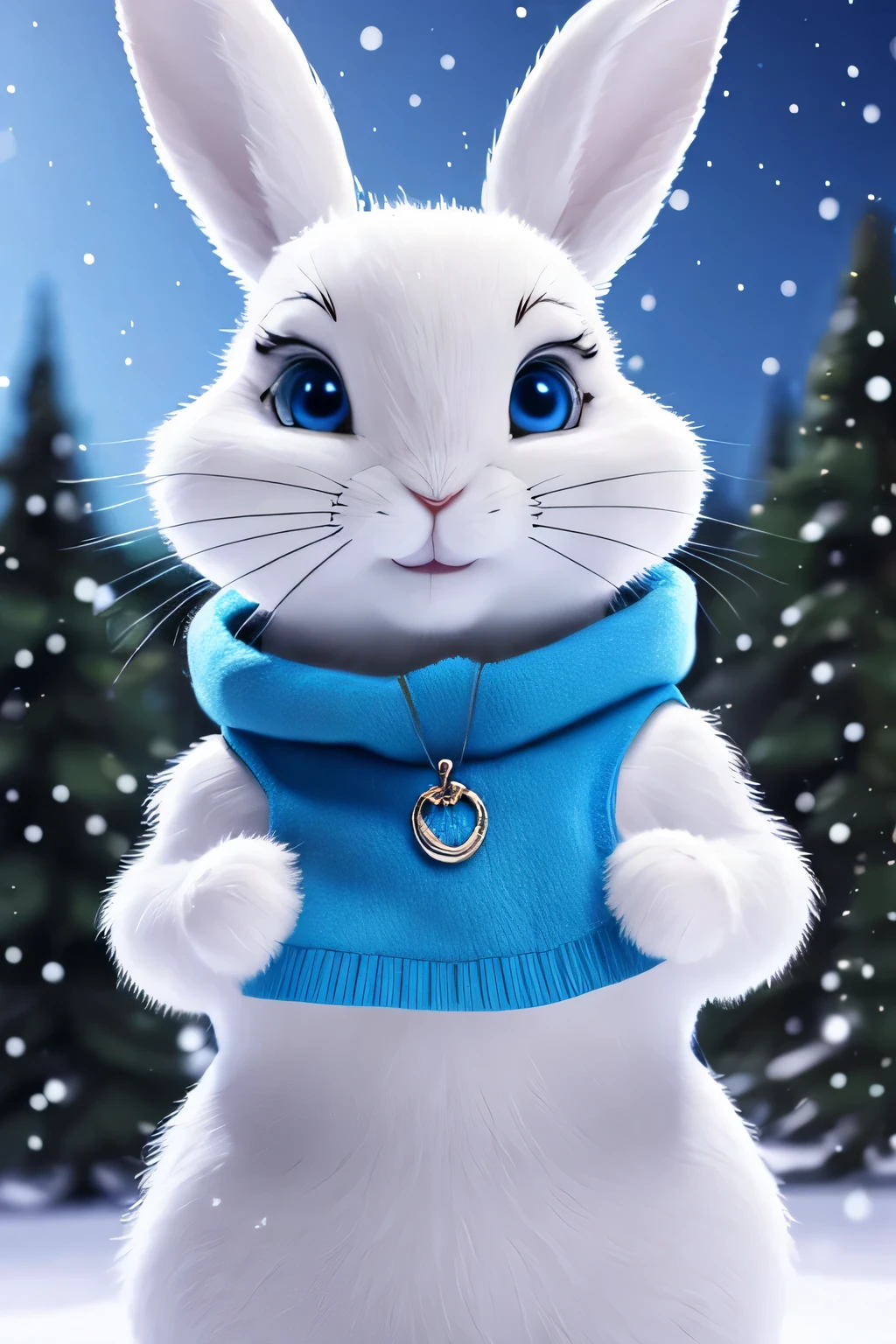 Um coelho branco com olhos azuis, vestindo um terno de neve (Melhor qualidade, cores vivas), cercado por uma paisagem nevada (ultra-detailed and realistic winter scenery) sob soft lighting de estúdio (esquentar, soft lighting). The rabbit&#39;s eyes are detailed and expressive, with long eyelashes. The snow costume is fluffy and blue, providing a strong contrast to the winter scenery. the Rabbit is standing, with arms up in celebration, appearing curious and friendly. The color palette is dominated by shades of blue and white, dando uma atmosfera serena e fria. The overall picture is like a portrait in a snowy winter wonderland, with a touch of joy and Easter.
