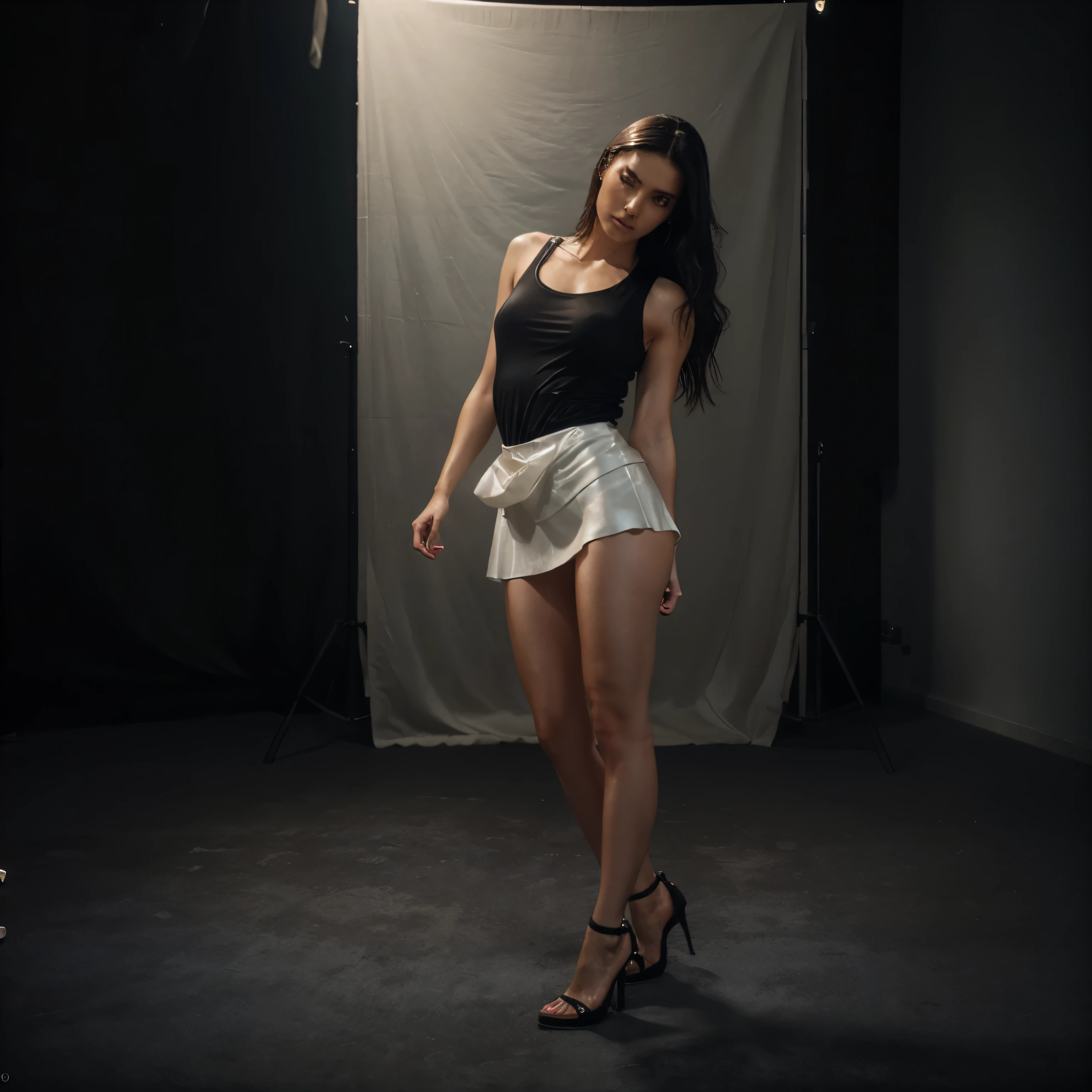 Full length 25 year old European woman., black hair, serious, (amazing skin detail: 1.4), (Genuine Leather: 1.2), (pores: 0.6), make up, (detailed eyes: 1.2), Black background, Studio, light border, dark atmosphere, (Boke: 1.2), Photo, cinematic, Photorealistic, ultra realistic, suitable girl, tight white sleeveless t-shirt, Black leather skirt, ideal figure, standing full length, full length, dressed, high heel shoes , ((emphasis on full length)),RAW photoshop leather textures, 35 mm, 4K textures, мягкий cinematic свет, RAW photo, photorealism, Photorealistic, difficult, elegant, very detailed, sharp focus, (((( cinematic-view)))), Soothing tones, crazy details, difficult details, hyper detail, Low contrast, мягкий cinematic свет, dull colors, Exposure blending, HDR, Faded, intensive