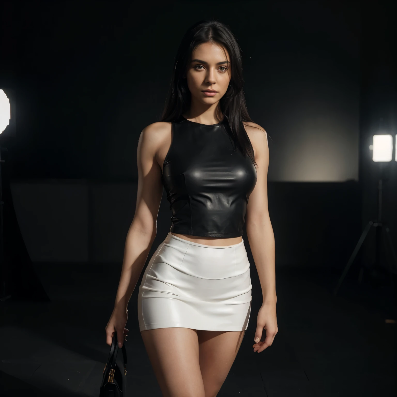 Full body 25 year old European woman, black hair, serious, (stunning skin detail: 1.4), (Natural skin: 1.2), (pores: 0.6), compose, (detailed eyes: 1.2), black background, studio, light border, dark atmosphere, (bokeh: 1.2), photography, cinematic, photorealistic, Ultra realistic, fit girl, tight white sleeveless T-shirt, black leather skirt, perfect figure, standing full-length, full-length, dressed, high heel shoes , ((emphasis on full-length)),RAW photoshop leather textures, 35mm, 4k textures, soft Cinematic Light, RAW photo, photorealism, photorealistic, complex, elegant, highly detailed, sharp focus, (((( cinematic-view)))), soothing tones, crazy details, complex details, hyper-detailing, low contrast, soft Cinematic Light, dull colours, exposure blending, HDR, faded, intense