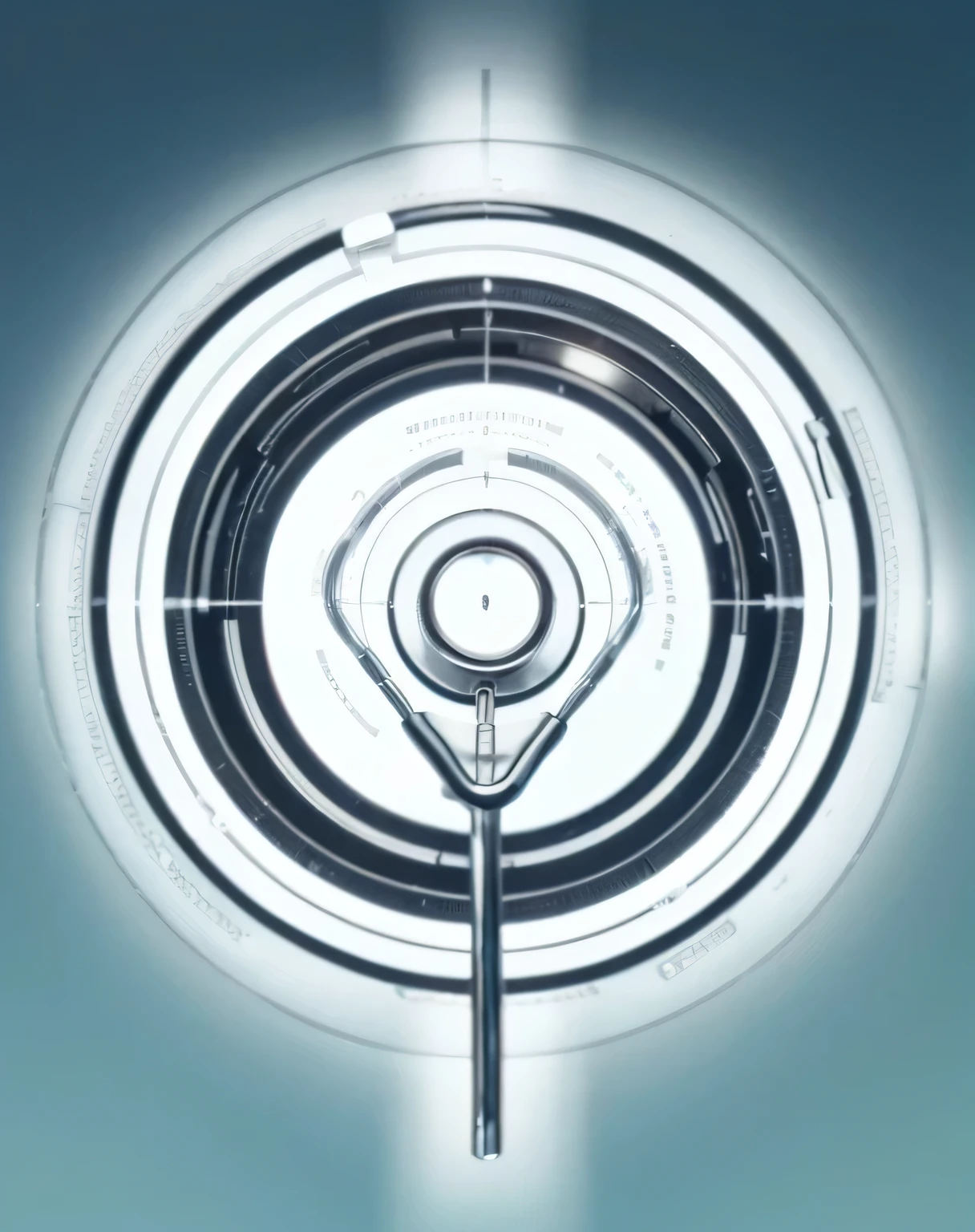 Render a top-down view of a stethoscope focusing solely on the head, with the steel ring underneath slightly wider than the head. Ensure the perspective highlights the curvature of the head and the subtle details of the steel ring beneath, creating a visually engaging composition.