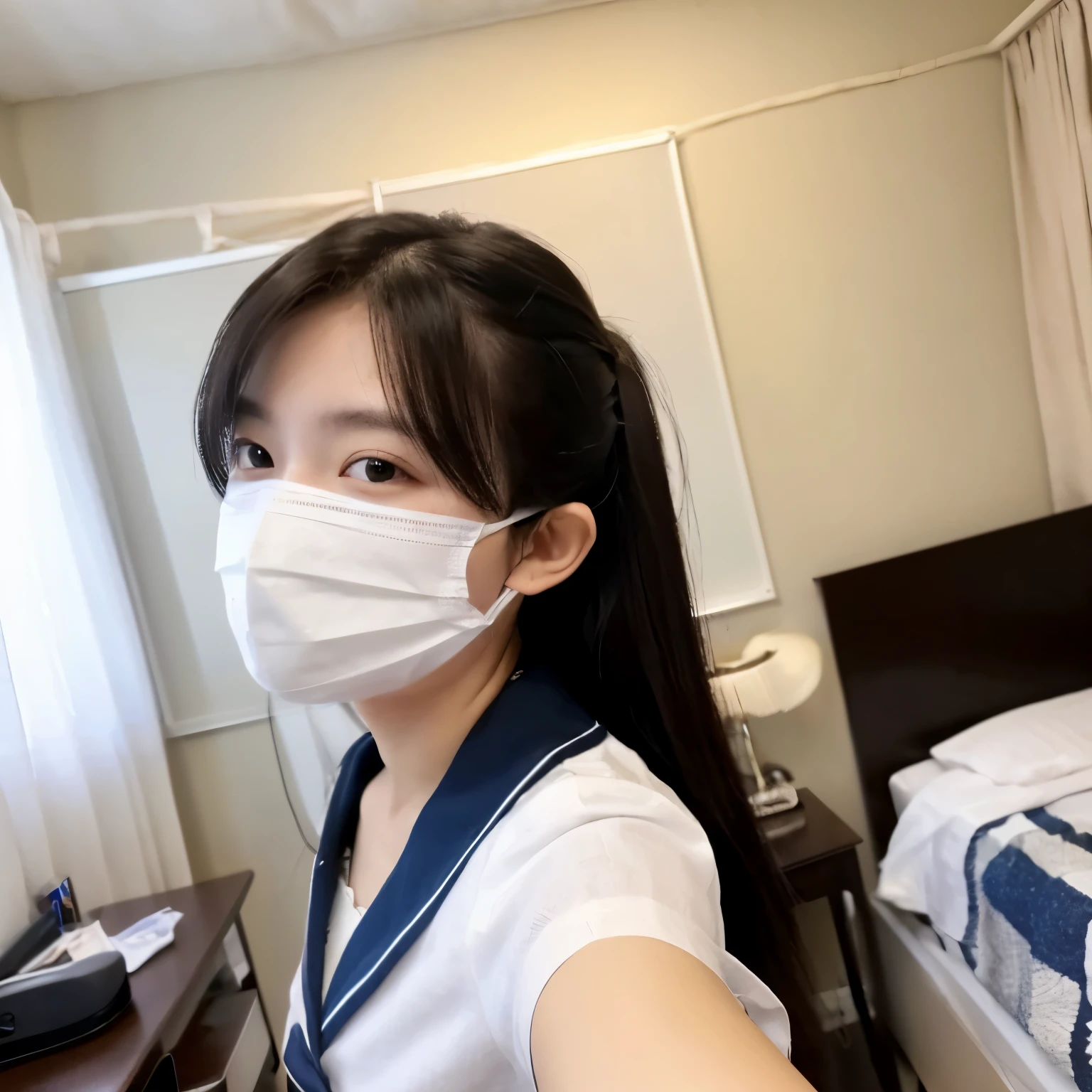 ((Selfie style in my room)),((high school girl))、((young))、((Please wear a white non-woven mask)),highest quality, masterpiece, ultra high resolution, (realistic:1.4), RAW photo, very detailed, perfect anatomy, 1 girl, 18-year-old, famous japanese idol, Front view, close-up of crotch,, ((emphasize the chest))