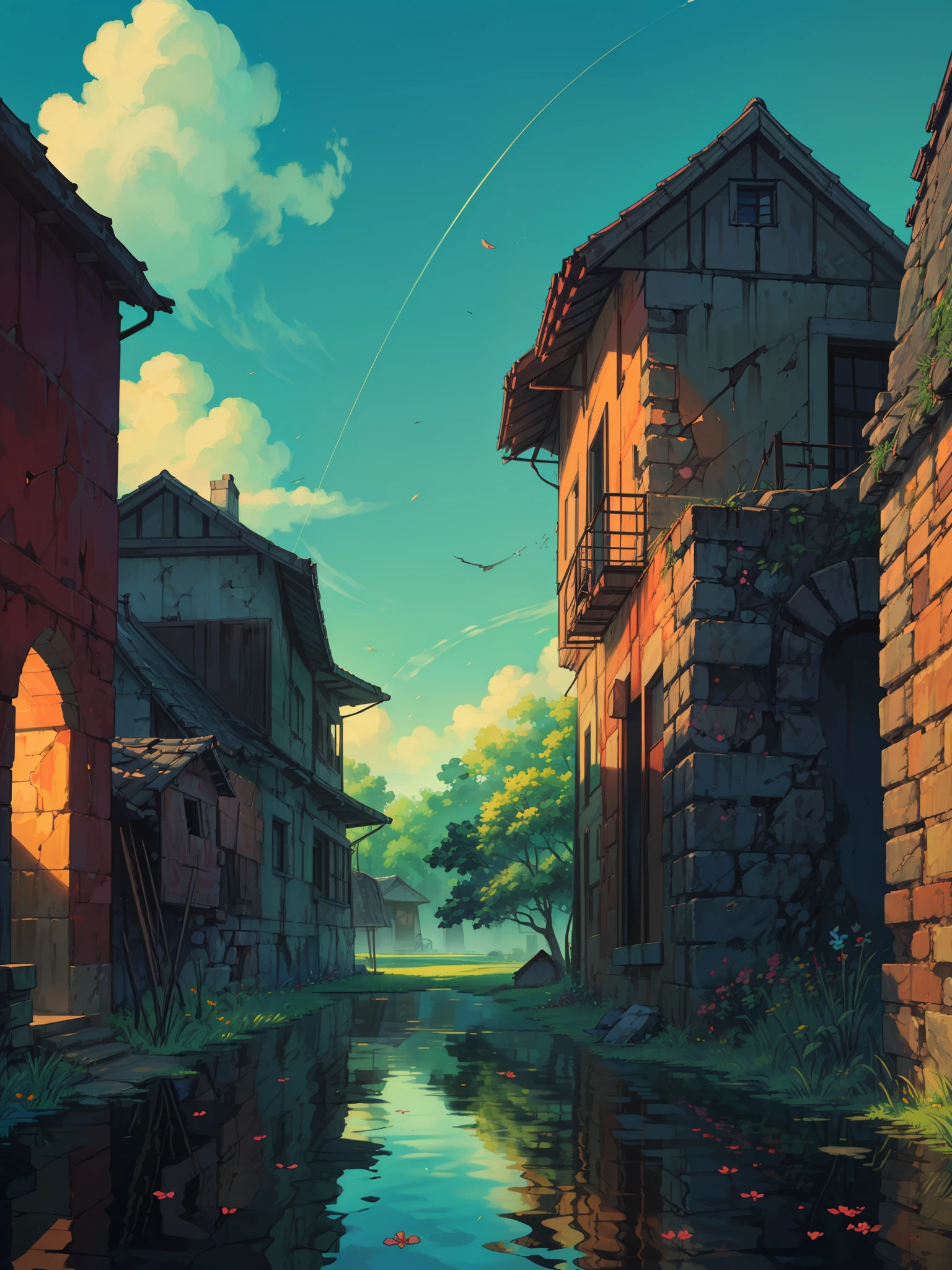 (masterpiece:1), (front view:1.7), (front view of an old indian stone hut:1.6), (pond:1.3), (flower pots:1.5), (day time:1.3), silence, (blue cloudy sky:1.4), (clothes drying outside:1.5), (soft glow of vibrant tones:1.4), (sunlight falling on wall:1.5), magnificent sky, (volumetric light:1.2), peaceful, (reflection:1.5), (long grass:1.3), (ghibli style:1.3), (cracked walls:1.5), (windy:1.4), (beautiful aesthetics:1.2), (big mango tree outside:1.4), beautiful tones, subtle colors, peaceful, (illustration: 1.0), epic composition, realistic lighting, (no human:1.6), HD details, masterpiece, best quality, ,