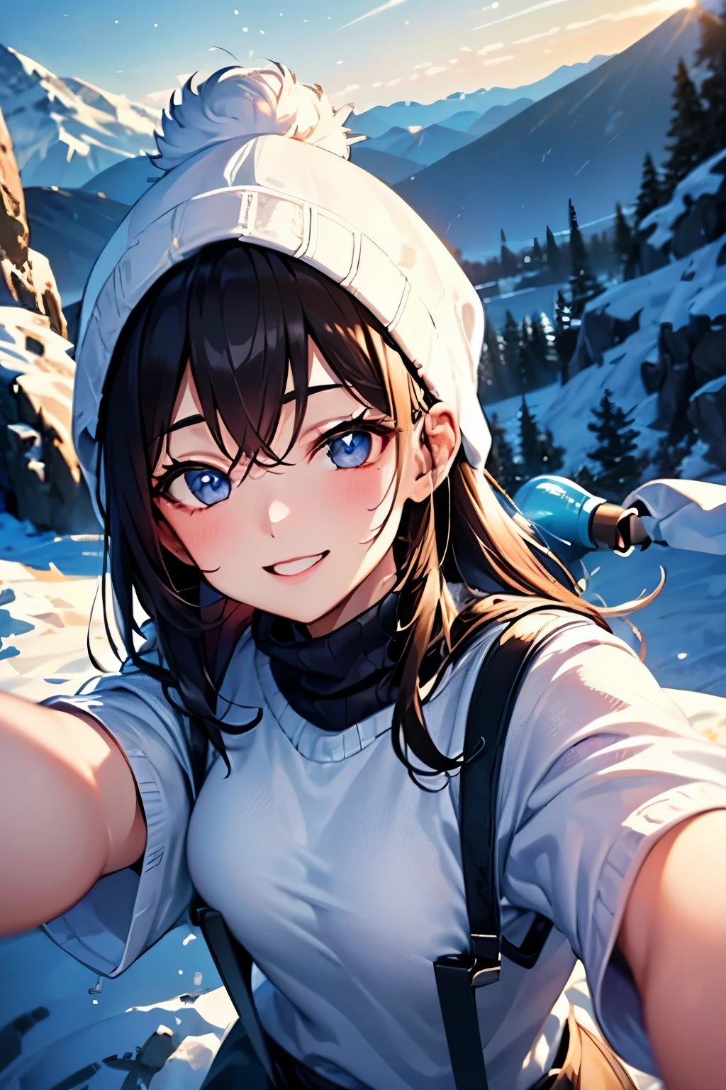 (upper body selfie:1.3),winter mountain climbing,Against the backdrop of the spectacular view from the mountaintop,beautiful sunrise,remove the beam from above,Backlight,Generate images of beautiful women around the world,Especially while reflecting elements of Western beauty..Woman with natural smile and attractive expression,Woman with natural smile and attractive expression,transparent skin,sparkle in the eyes,Expressing an elegant atmosphere,,alone, Backpack,knit hat,sweater,gloves,mountain boots,Water bottle,camping stove,kettle,mug,one person tent,strong wind is blowing,Blizzard,hair fluttering in the storm,(8K quality,table top,highest quality,Ultra high resolution output image,),(High-definition raw photos:1.3),(Image mode Ultra HD),