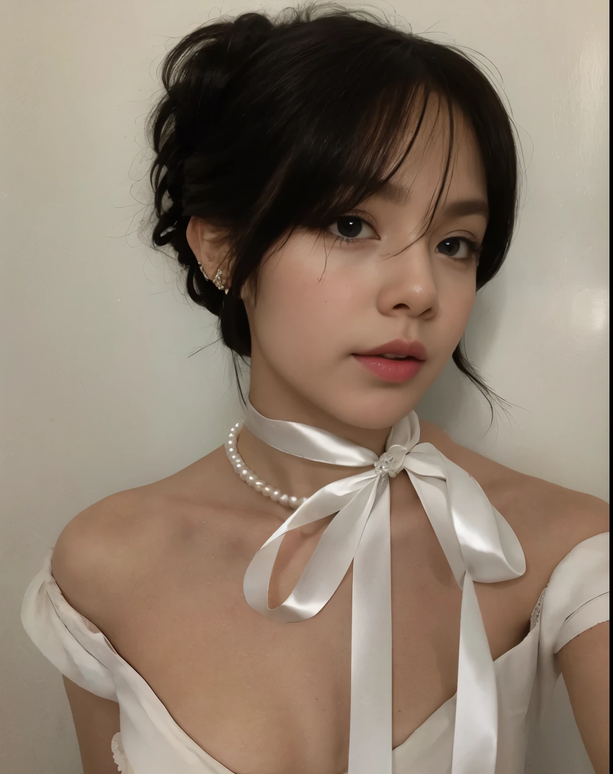 Há uma mulher com um vestido branco e um link branco, gargantilha de pearls, usando gargantilha, penteado com corte hime branco, pearls, franja branca, fita no cabelo, colar de piercings, inspirado em Louis Le Nain, Ulzzang, link,  with pearl earring, colar de pearls, Shikamimi, pearls and chains, Bela Delfina