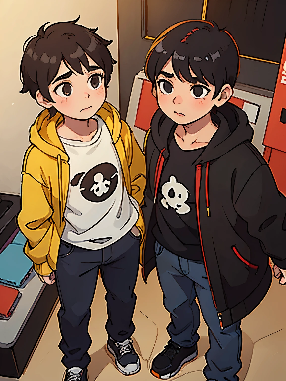Um casal adolescente, one with short dark hair with red highlights, a little chubby and a boy with black hair long to his neck, slim in yellow coat with jeans.