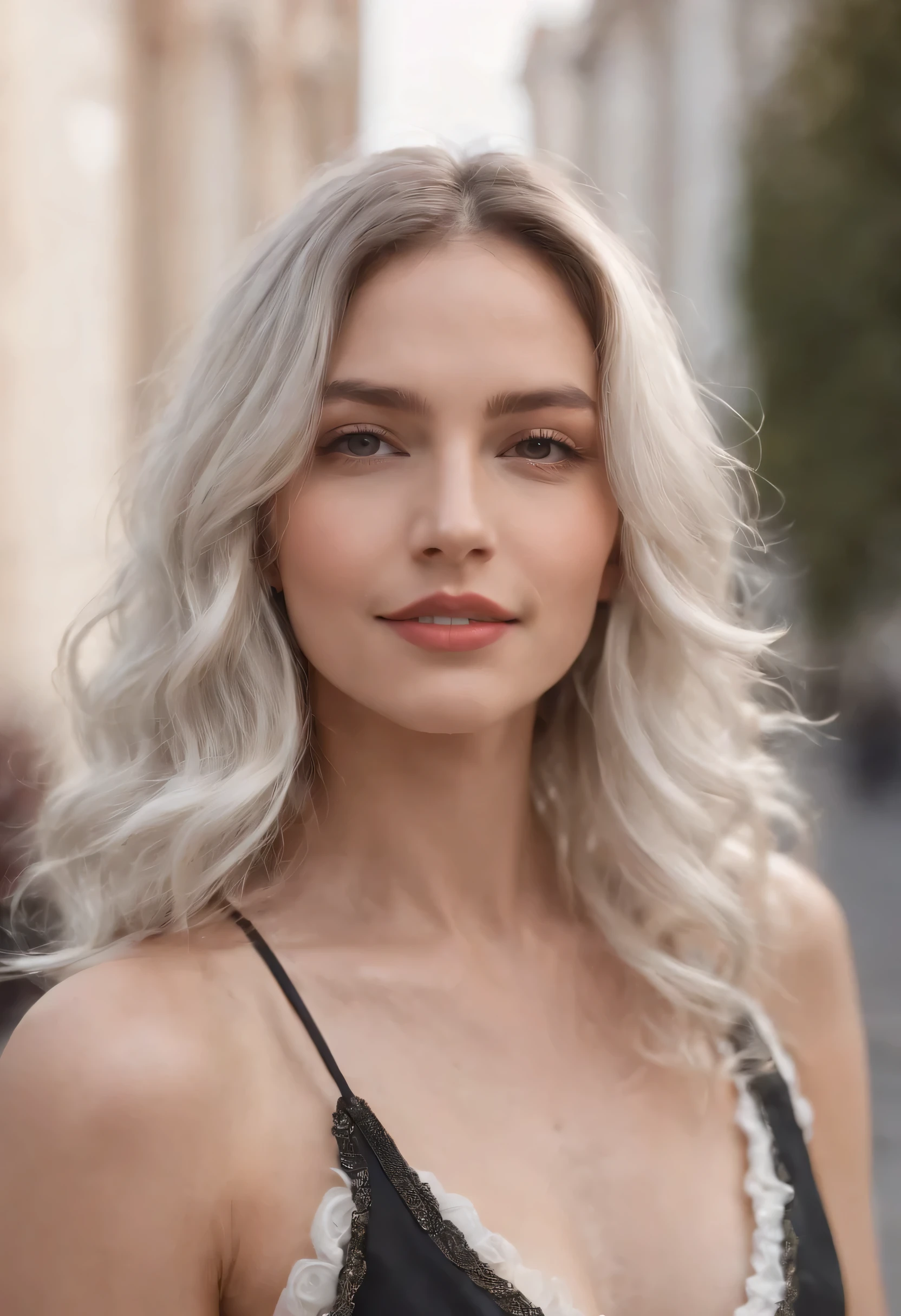 Il y a une femme aux cheveux blancs et en tenue de ville qui pose, Souriant, tout le corps, allure sportive femme de 28 ans, girl with silver wavy hair, girl with wavy white hair, posant, with medium length wavy white hair, The light at'a building, il fait nuit, Mise au point ultra nette, Realistic images, Vêtements pour femmes