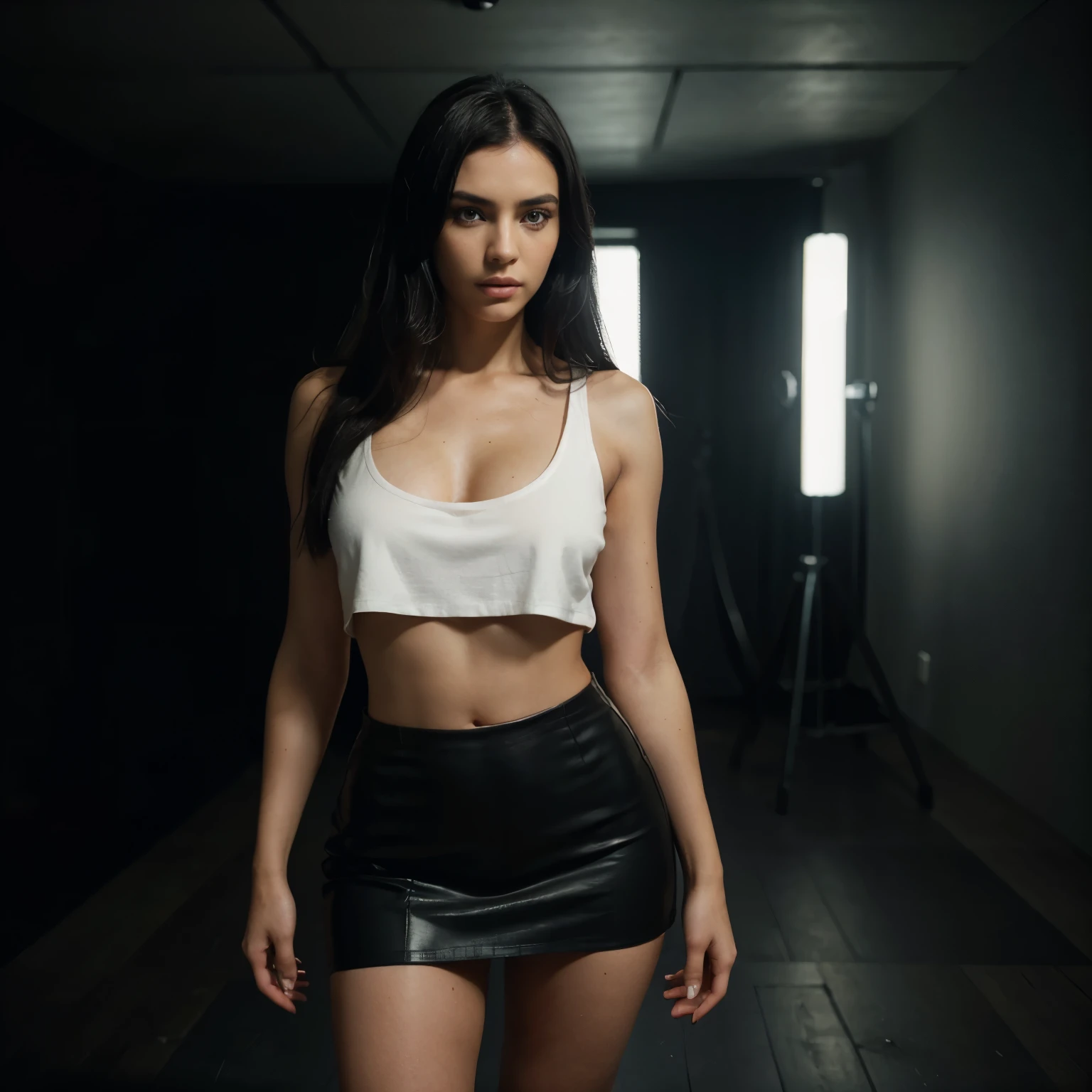Full body 25 year old European woman, black hair, serious, (stunning skin detail: 1.4), (Natural skin: 1.2), (pores: 0.6), compose, (detailed eyes: 1.2), black background, studio, light border, dark atmosphere, (bokeh: 1.2), photography, cinematic, photorealistic, Ultra realistic, fit girl, tight white sleeveless T-shirt, black leather skirt, perfect figure, standing full-length, full-length, dressed, high heel shoes , ((emphasis on full-length)),RAW photoshop leather textures, 35mm, 4k textures, soft Cinematic Light, RAW photo, photorealism, photorealistic, complex, elegant, highly detailed, sharp focus, (((( cinematic-view)))), soothing tones, crazy details, complex details, hyper-detailing, low contrast, soft Cinematic Light, dull colours, exposure blending, HDR, faded, intense