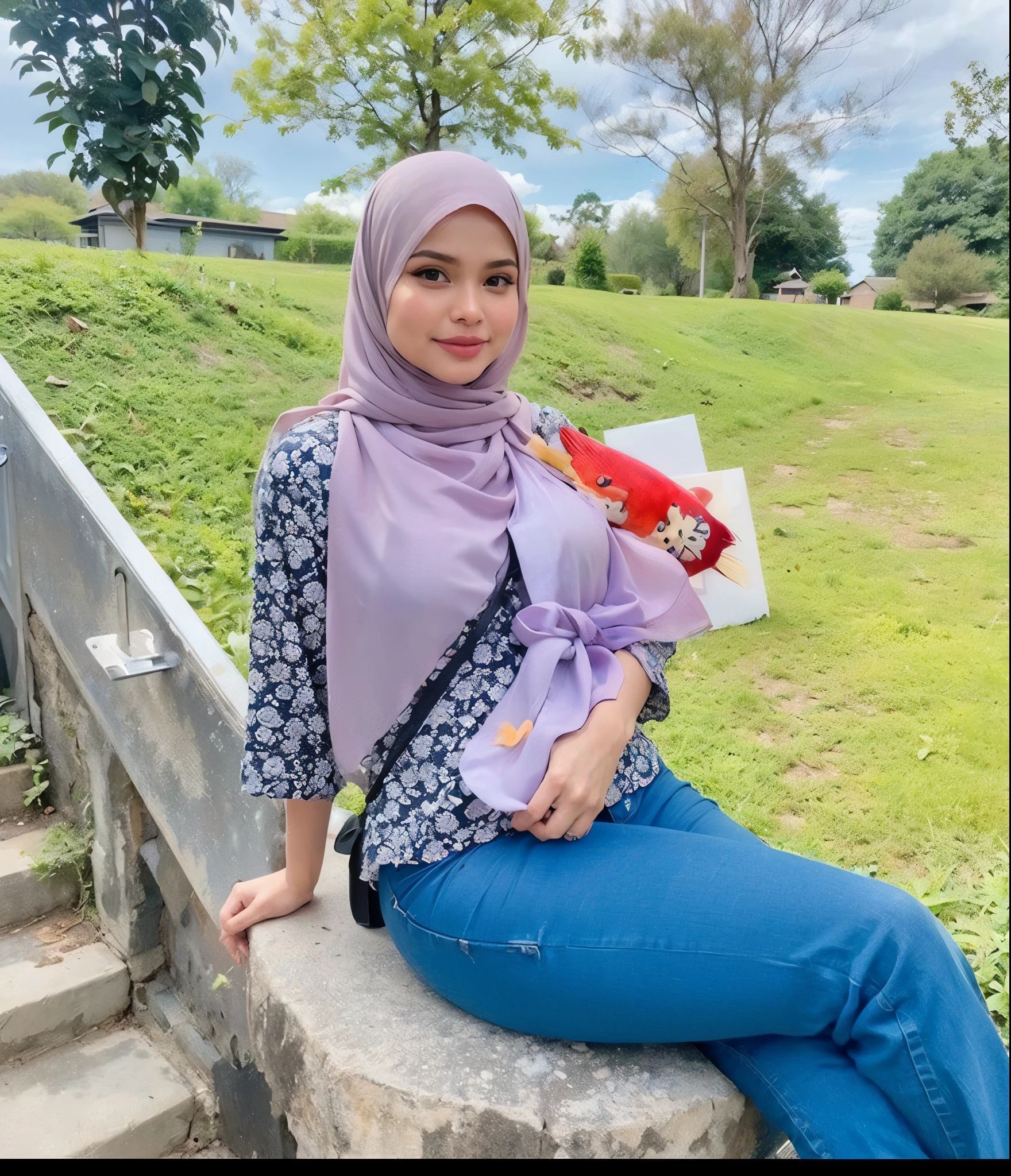 masterpiece, (ultra-high-definition portrait, vignet:1.4), Realistic, extremely detailed, CG unified, 8k, Clean lines, highly detailed, High-definition, raw color photos, she is smiling, Realistic portrait, Cinematic Light, Beautiful detailed, (1hijabgirl, indonesian:1.5), (165cm tall, big breasts with lips like she wants to kiss:1.5), Beautiful big breasts, breasts details, very tight, (Biggorgeous breast, Happy Face:1.5), (Happy Face, Big Breast:1.4), Close up of a girl in Beautiful clothes with errected nipple, biggorgeous breast, Soft smile, scarf, (Bombastic Side Eyes with curvaceous body:2), pose 4 of 1 6, Undress, No bra, (nipples that are clearly sticking out detail:1.2), Outdoors, high intricate detailed.