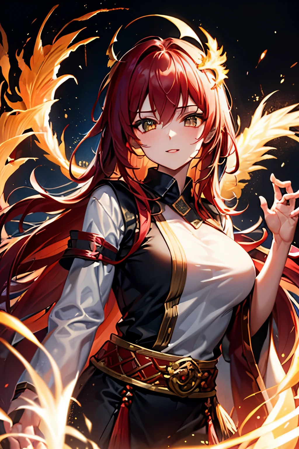 red hair that cascades down her back, with streaks of gold and orange. She wears a crimson kimono with intricate flame patterns, and her eyes have a mesmerizing flicker of flames within them. A golden hairpin in the shape of a blazing phoenix holds her hair in place. And she have a hourglass body
