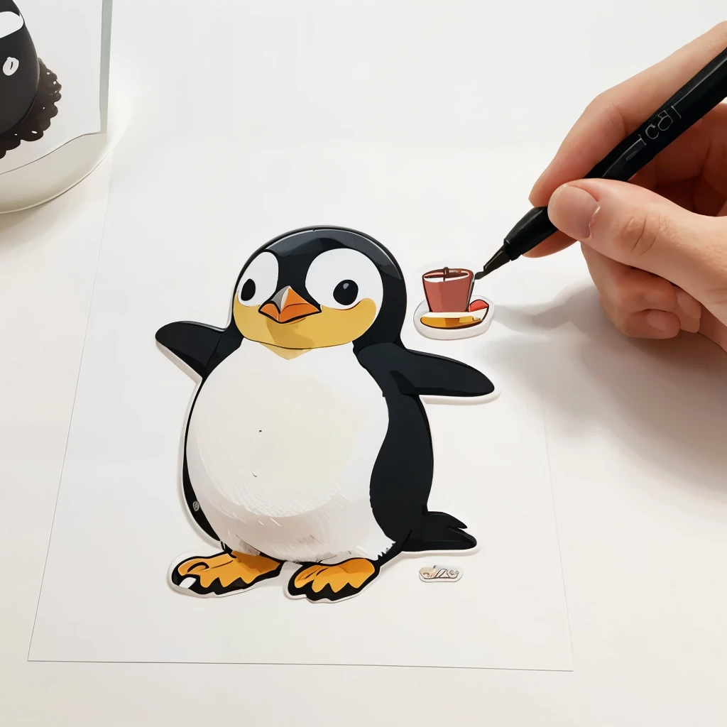 Make a cute sticker design of a penguin drinking coffee