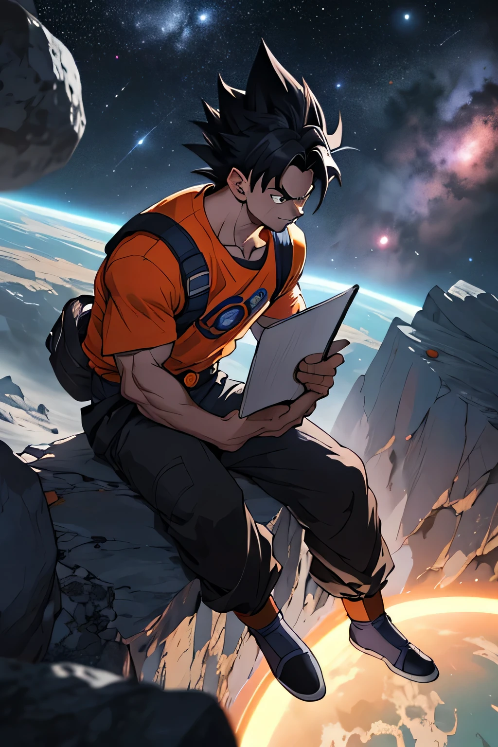 Desenhe um jovem dragon ball programador, sitting on a research platform floating in the middle of an asteroid belt. He is studying with a notebook, surrounded by several asteroids glowing with fiery auras. Dramatic lighting from distant stars and planets illuminates the scene, casting deep shadows on the costume. O jovem parece confiante e determinado, looking at the vast and mysterious universe with awe and respect,Facial hair, tiro de vaqueiro,