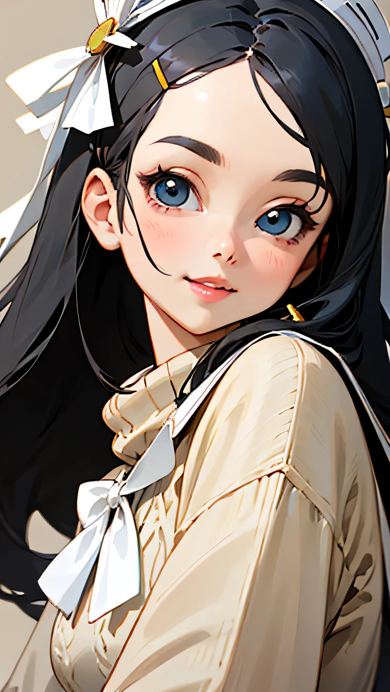 anime girl,Long black and gray hair,Center parted bangs,Wearing a white bow hairpin on the left head,pursed lips smile,cute girl,big eyes,Oval face,Beige sweater,broken to pieces