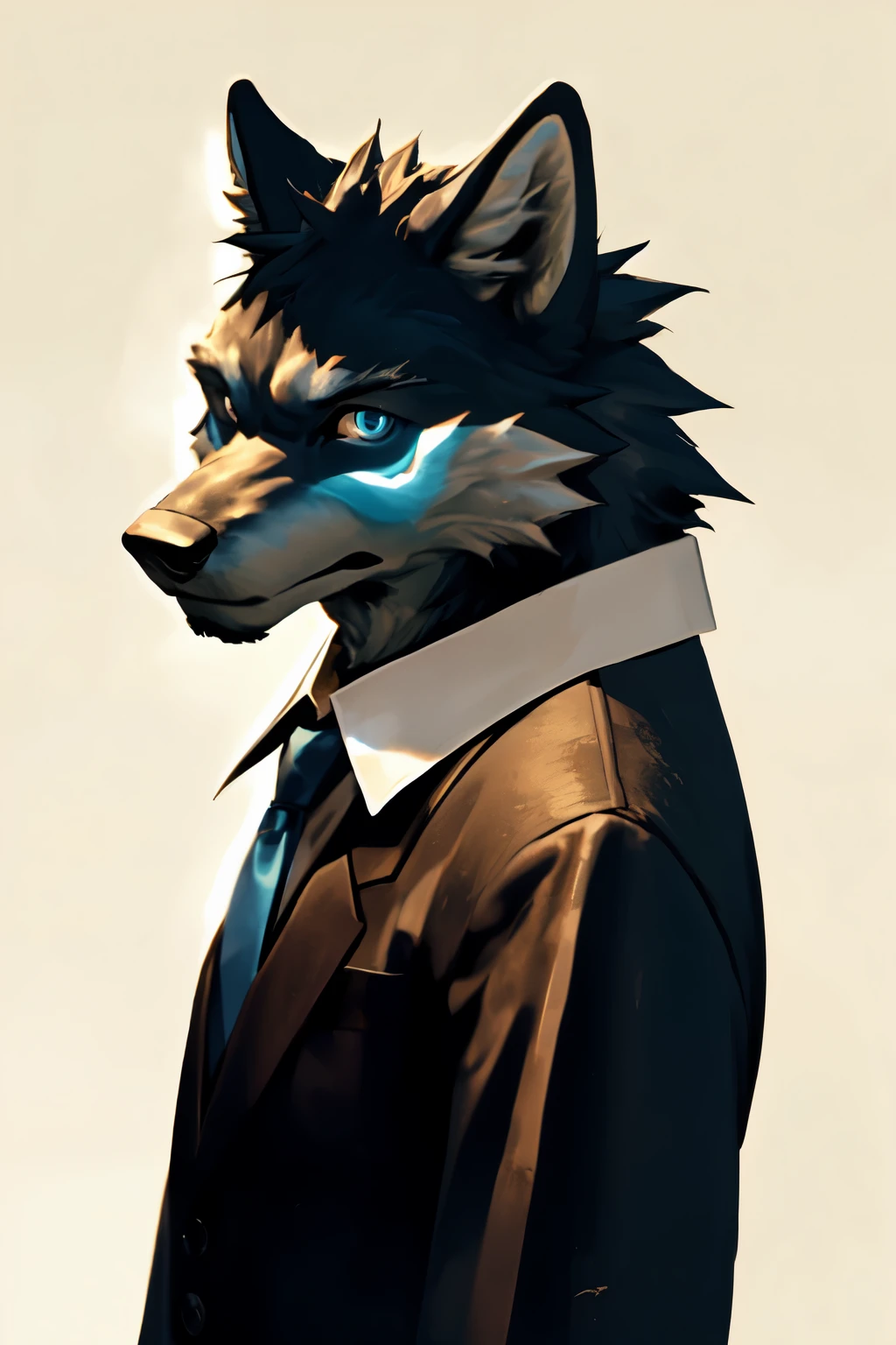 solo, male, anime style, wolf, black fur, white fur, medieval wear, casual clothes, necktie, looking at viewer, simple background, half-length portrait, sad expression, dutch angle, perfect anatomy, best quality, detailed eyes