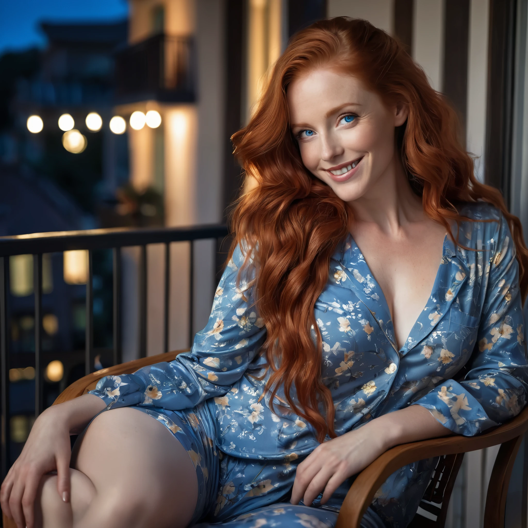 A spontaneous snapshot of a beautiful woman with long red hair, bright blue eyes and a gentle smile. Her hairstyle is undone. Your hands are free (detailed hands). In the foreground a woman sits on a chair on a balcony. It's dark at night. Ambient lighting. Structured skin, curves, perfect figure, medium breasts. She is wearing pajamas. In the background there is a balcony decorated with flowers. Photorealistic, fast exposure time, medium aperture, medium focal length.
