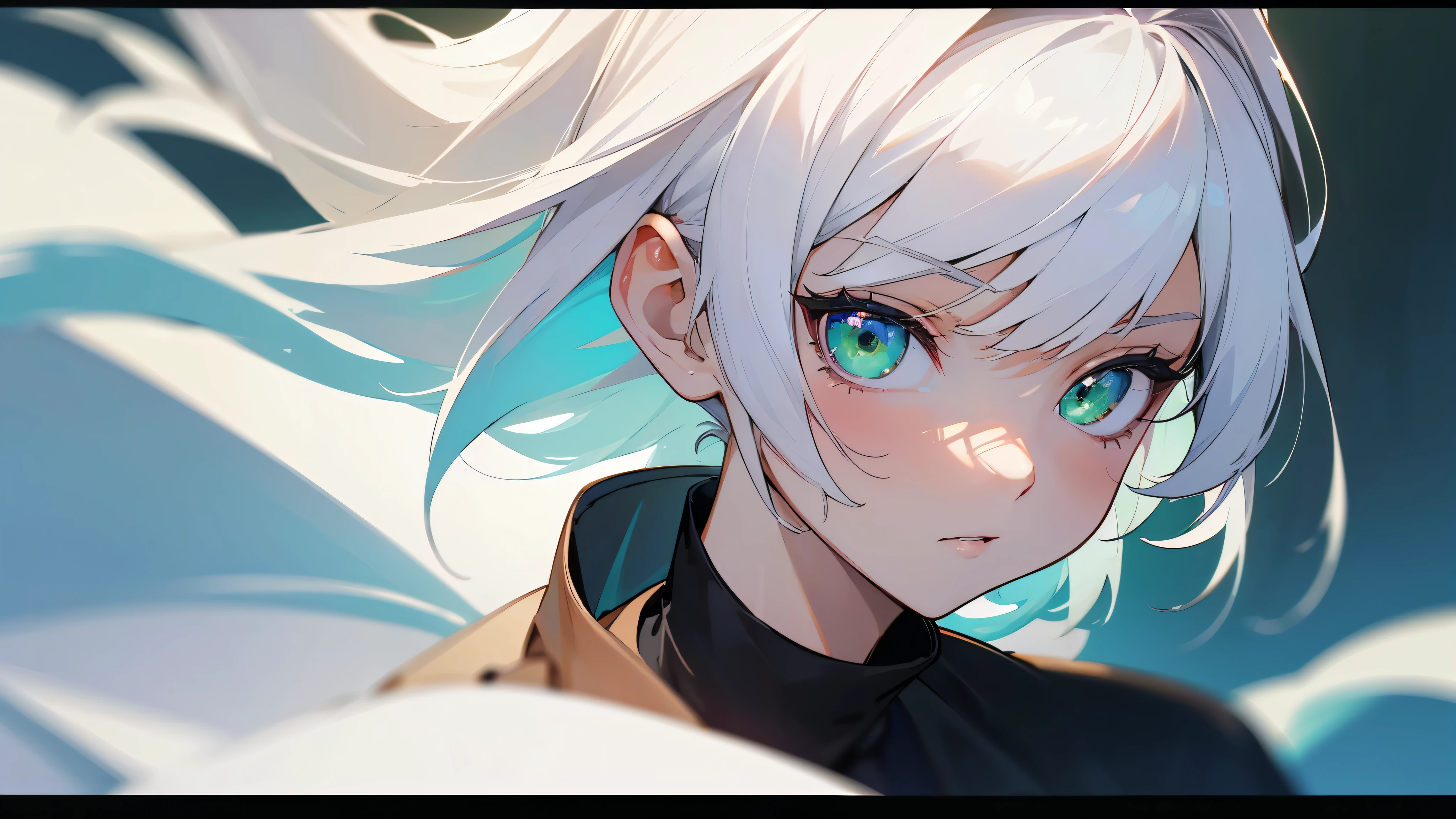 Anime girl with white hair and green eyes looking at camera , pelo medio corto、Anime CG arte suave, anime style. 8k, Hecho con Anime Painter Studio, Retrato realista kawaii, Render de una linda chica de anime , Retrato suave, Anime estilizado、(fondo blanco:1.4), (Calidad de imagen superior), (Fondo de pantalla 8k unificado CG ultrafino), (colorido:1.2), Sharp focus (medium camera shot) (cantante)