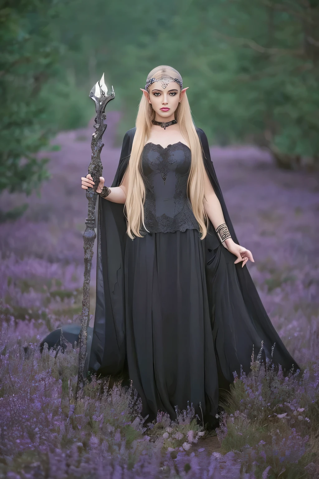 uma mulher com vestido preto e capa parada em um campo de lavanda, an elegant gothic princess, wearing a gothic dress, bruxa escura elegante, very beautiful elven top model, gothic maiden of the dark, roupas de bruxa, linda princesa escura do outono, princesa elfa negra, como um personagem de fantasia medieval, linda condessa elfa negra, classic witch, Beautiful and elegant demon queen