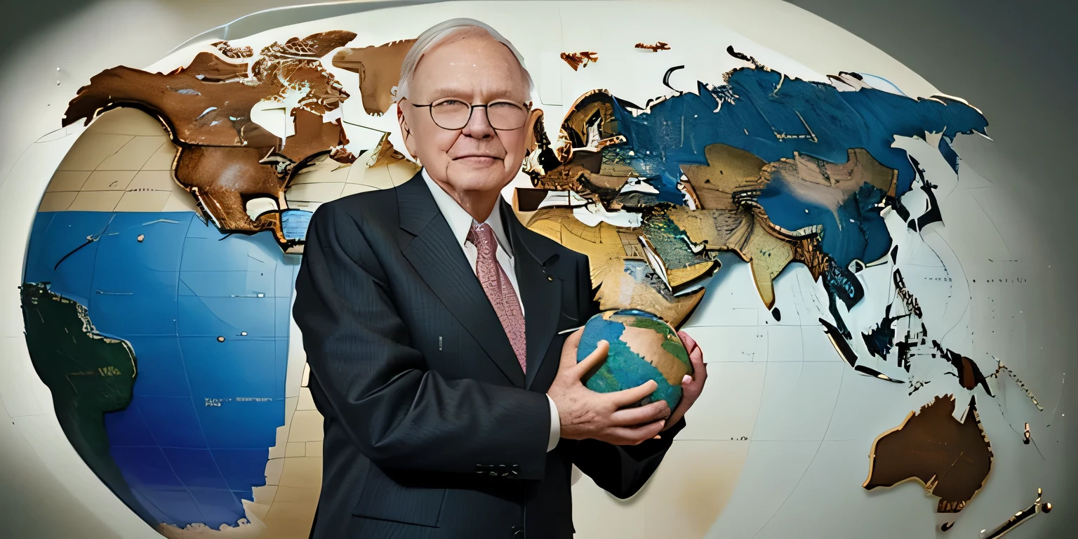 Please create a high-quality digital image depicting Warren Buffett holding the world in his hands. Warren Buffett should be portrayed with a confident and serene expression, wearing his signature business attire. The world must be detailed and colorful, with emphasis on the continents and oceans. The image should convey a sense of dominance and influence over global markets. Please ensure that image quality and resolution are suitable for use in presentations and printed materials