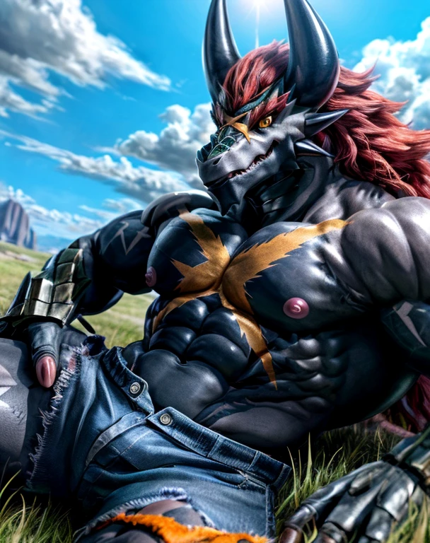 Batzz,Future Card Buddy fight,dragon,male,aldult,alone,4K,best quality,looking at the audience,Show muscles,Upper body exposed,bare chest,chest muscles, pink nipples, Six-pack abs,biceps,Cross scar on chest,dragon尾巴,anatomically correct,pride,soft shadow,Majestic detailed face,High quality eyes,Yellow eyes,Red pupils,Grandiose,brave,,Confident smile,Strong,mature,Denim shorts,lie down,grassland,Blue sky and white clouds,